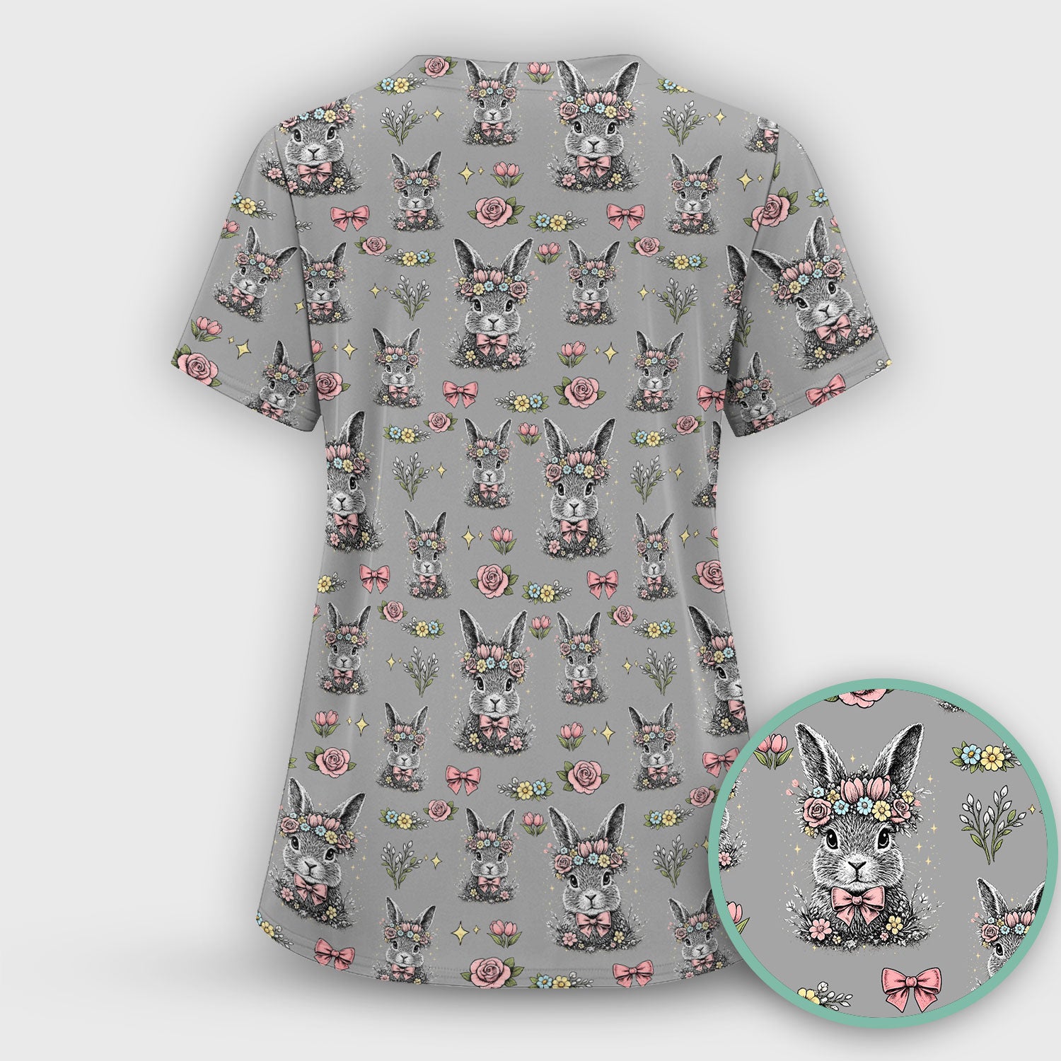 Vintage Floral Bunny Print Scrub Set, Scrub Pants and V Neck Top