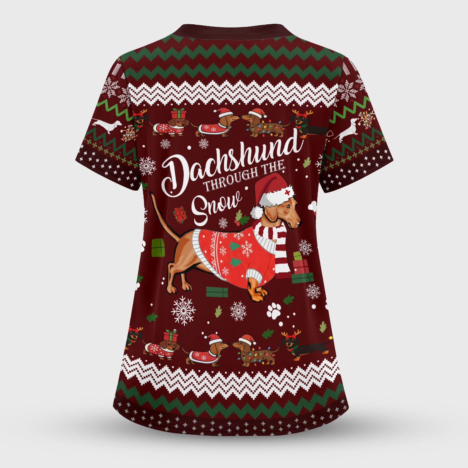 Dachshund Through the Snow - Funny Christmas Scrub Top - Wiener Dog Lover Gift - Holiday Medical Uniform