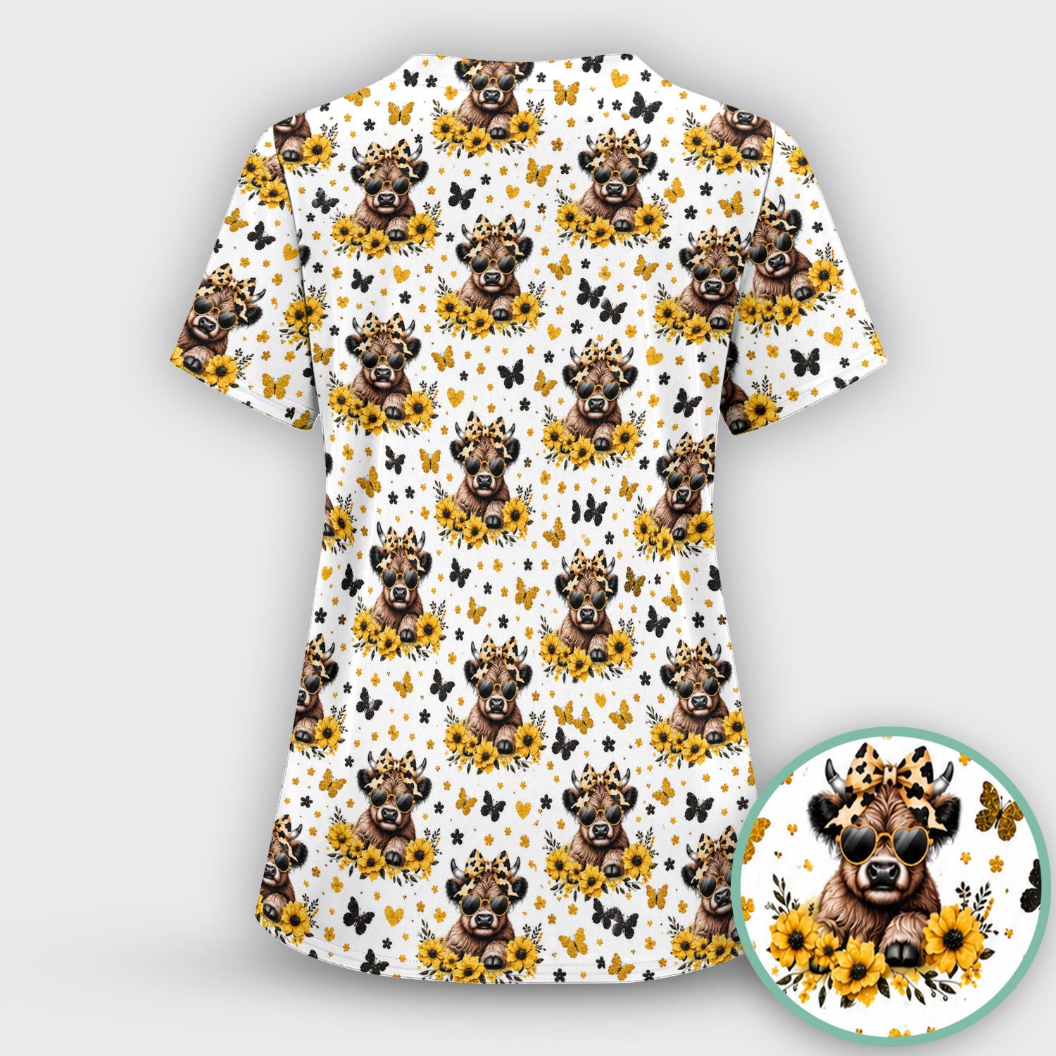 Cow With Sunflower Bow Pattern Scrub Top, Comfortable Scrubs for Nurses
