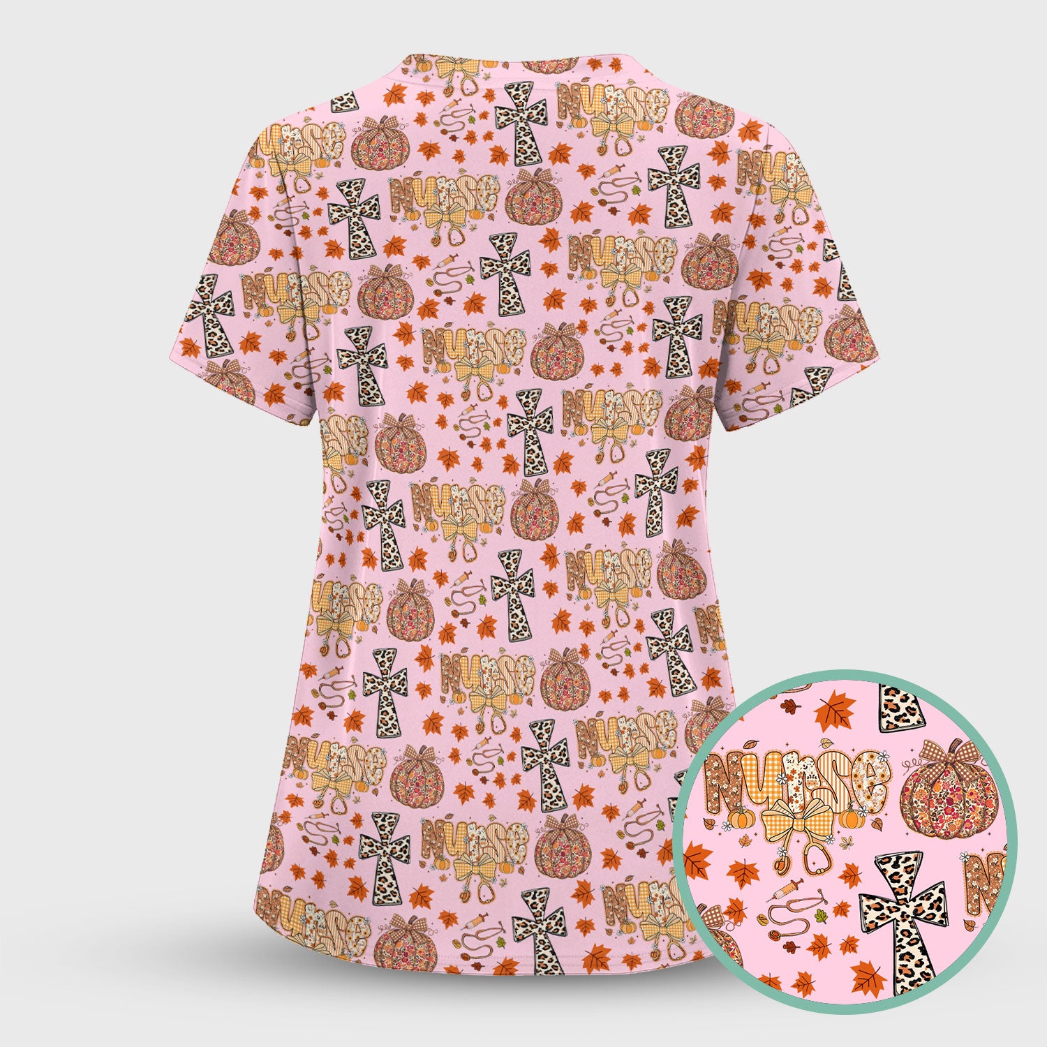 I Will Praise Him In Every Season - Boho Pumpkin Leopard Cross Fall Scrub Top for Nurse - Thanksgiving Med Uniform for Women