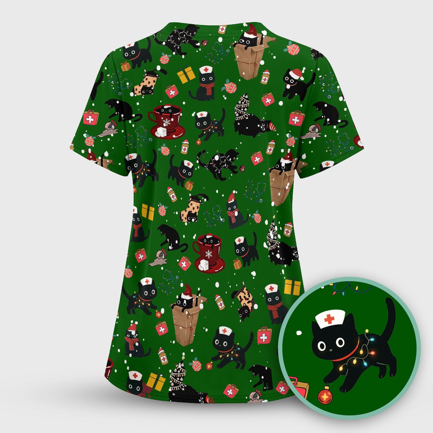 Funny Cat Scrub for Women - Christmas Black Cats Comfortable Scrubs for Nurses - Breathable Fabrics Nursing Uniform