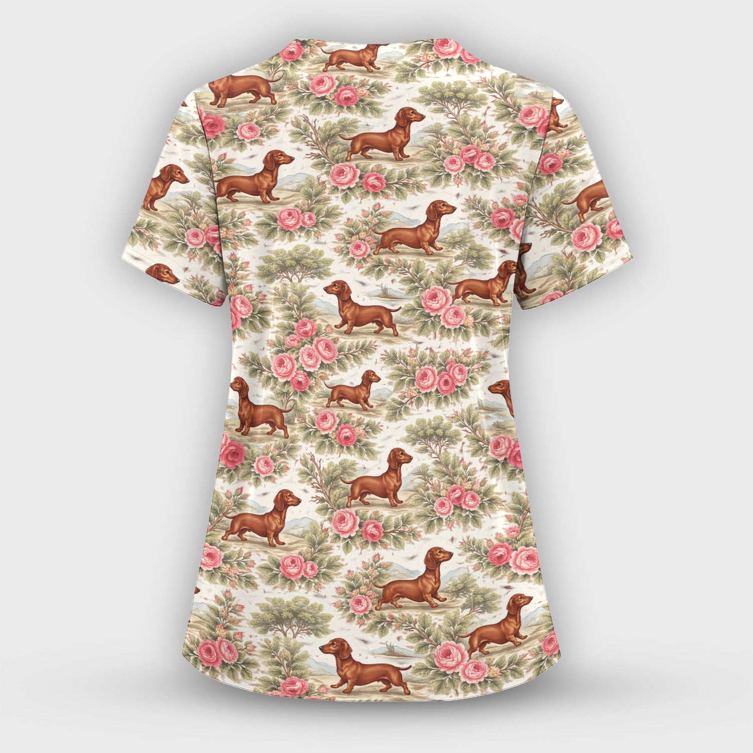Vintage Dachshund Rose Floral Pattern Scrub Set, Scrub Pants and V Neck Top