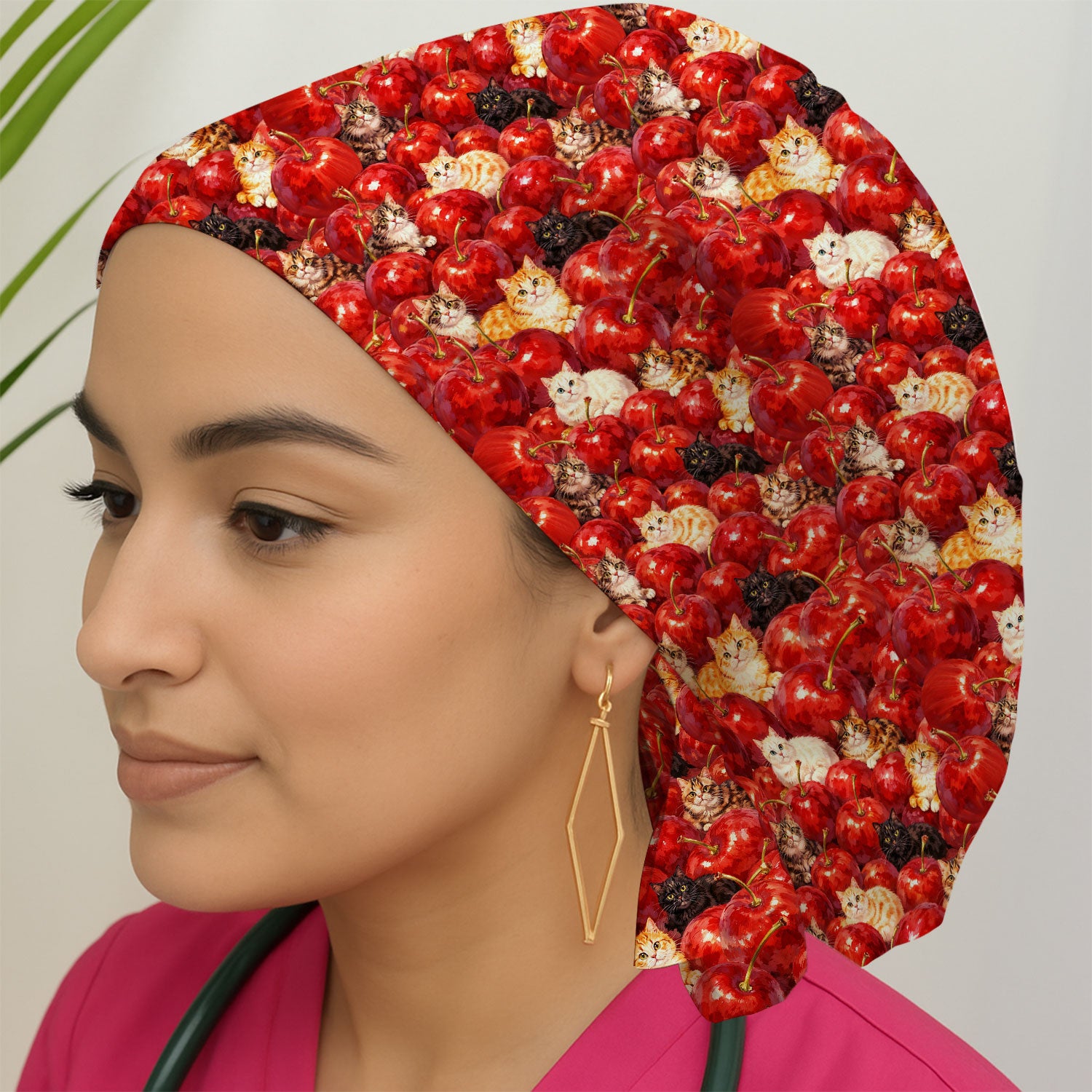 Cute Cat Cherry Pattern Scrub Cap, Surgical Caps for Doctors