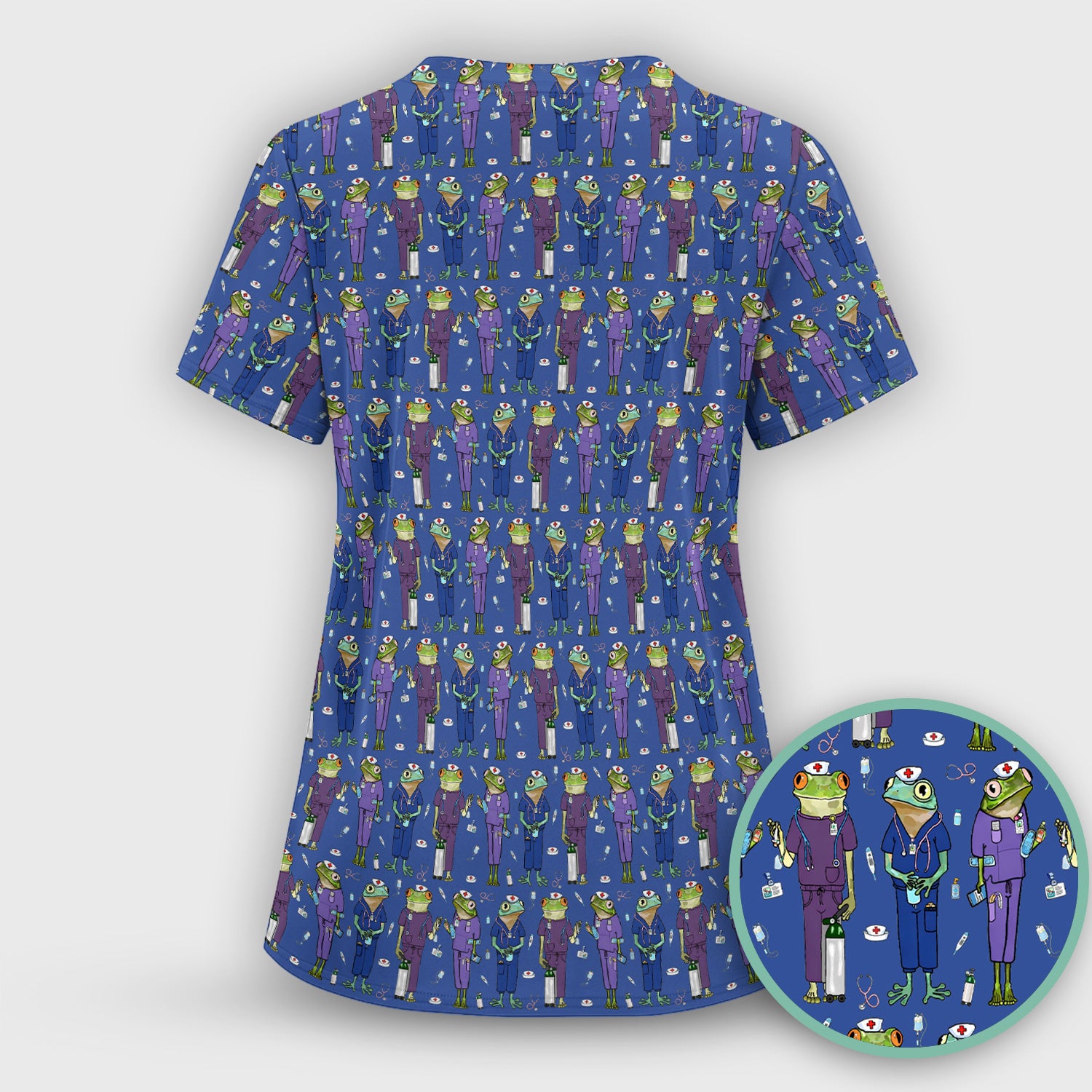 Funny Frog Nurse Pattern V Neck Scrub Top for Healthcare Workers