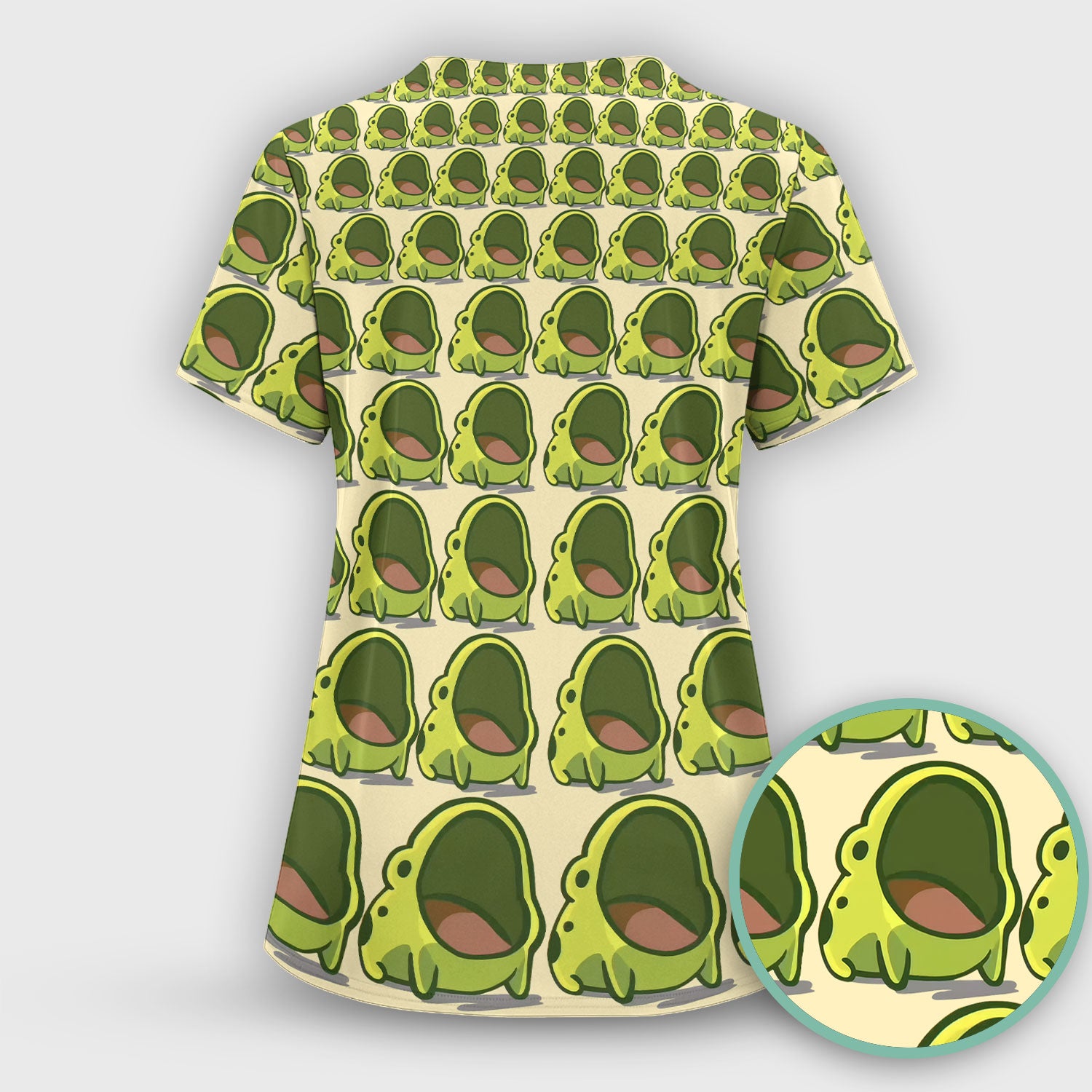 Cute Green Frog Cartoon Pattern Scrub Top, Breathable Fabrics Nursing Uniform