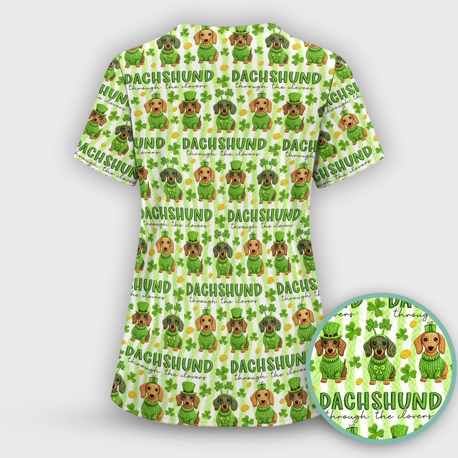 Wiener Dog St. Patrick’s Day Scrub Top, Shamrock Dachshund Pattern Nurse Shirt, Breathable Fabrics Nursing Uniform