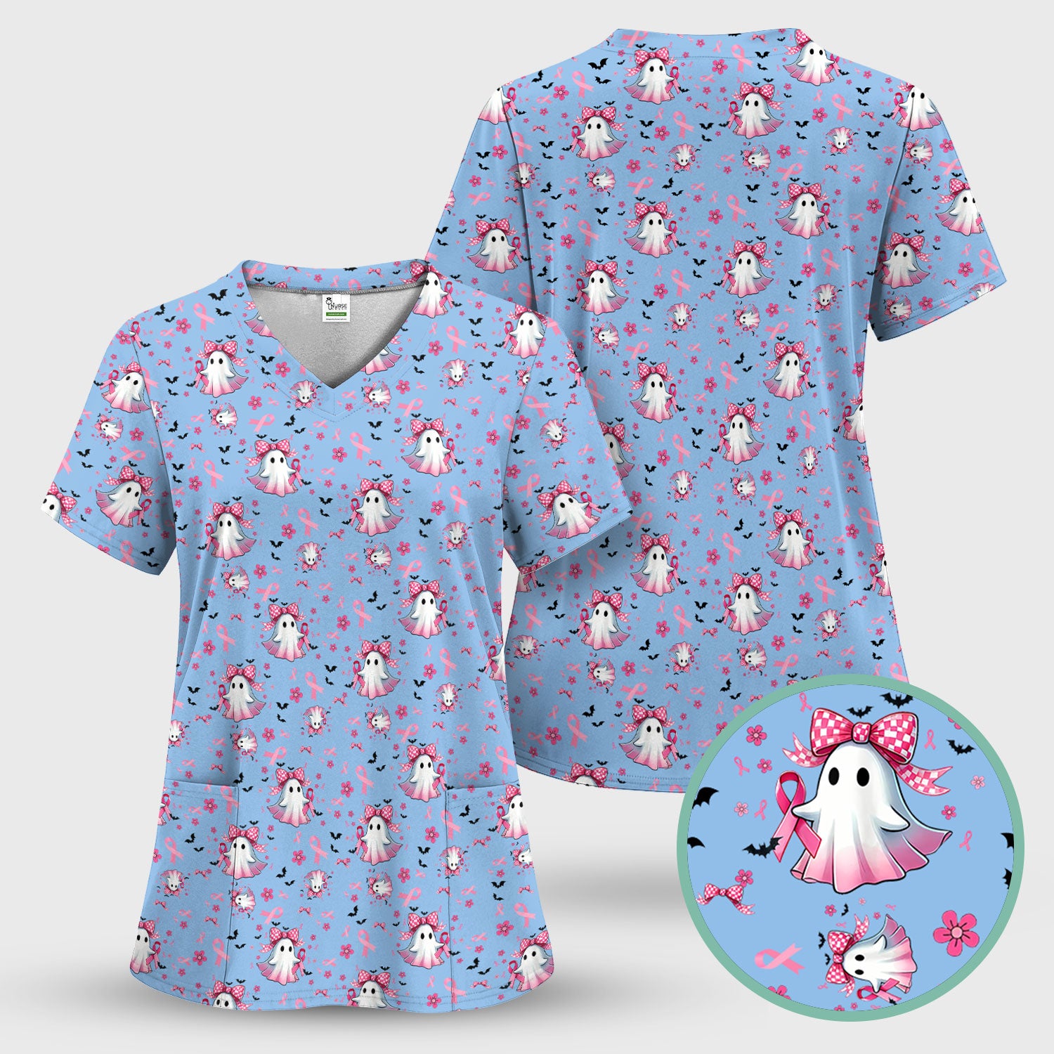 Breast Cancer Awareness Ghost Scrub Top for Women - Pink Ribbon Halloween Nurse Shirt - Cute Spooky Medical Uniform RN LPN CNA Gift
