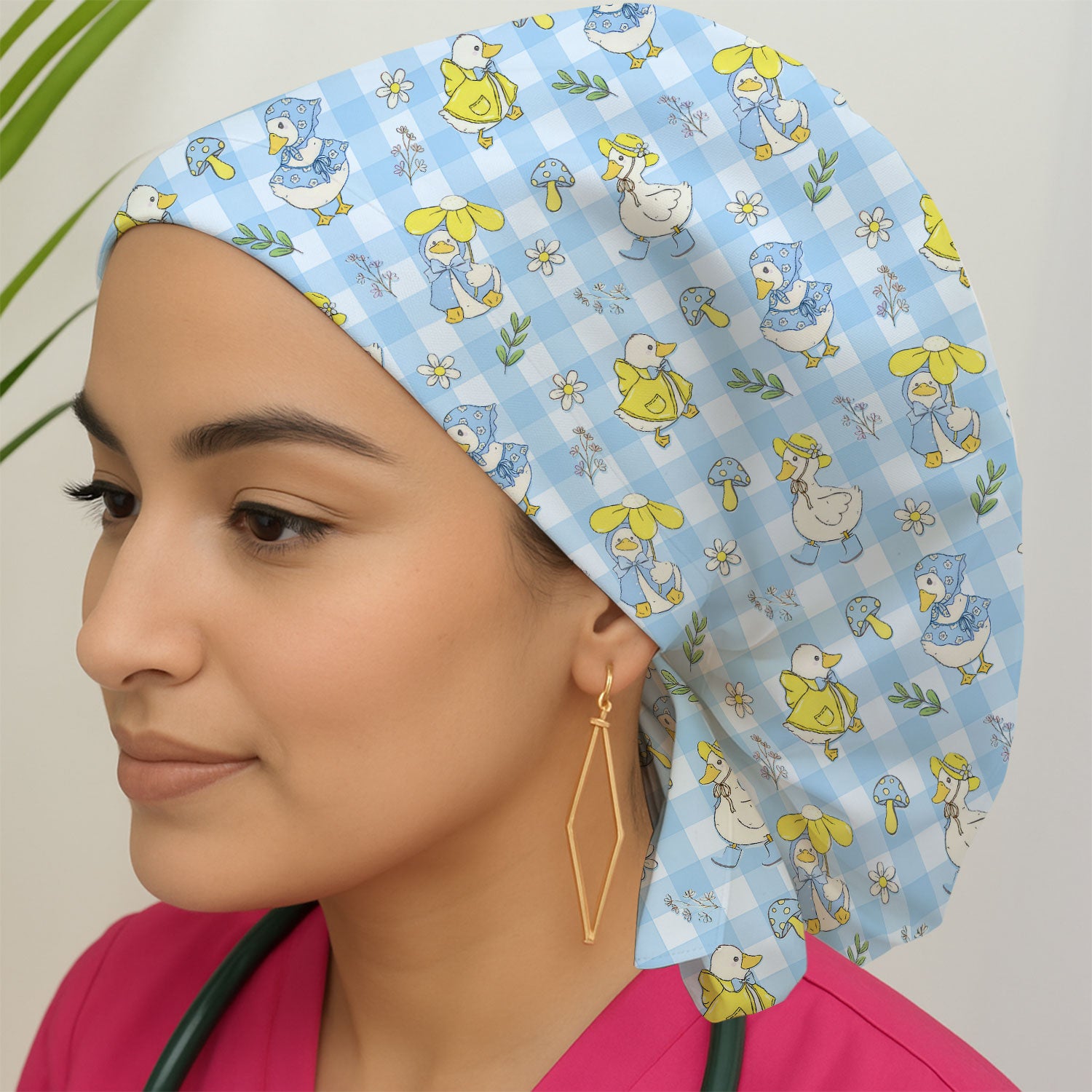 Cute Duck Outfit Gingham Pattern Scrub Cap, Bouffant Scrub Caps for Women