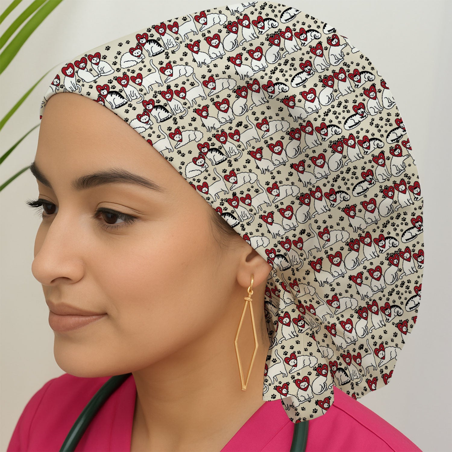 Cute Cat Heart Pattern Scrub Cap, Funny Cat Scrub Hat For Nurses, Breathable Fabrics Nursing Uniform