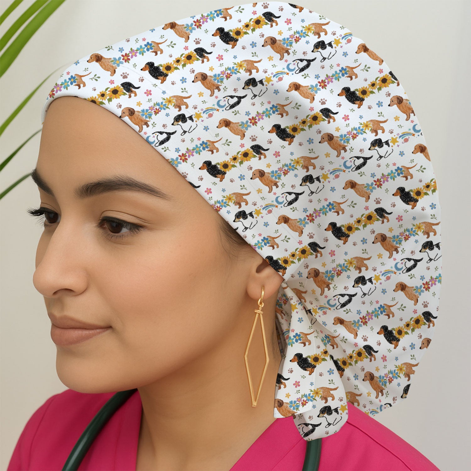Floral Wiener Dog Pattern Print Cap, Bouffant Scrub Caps for Women