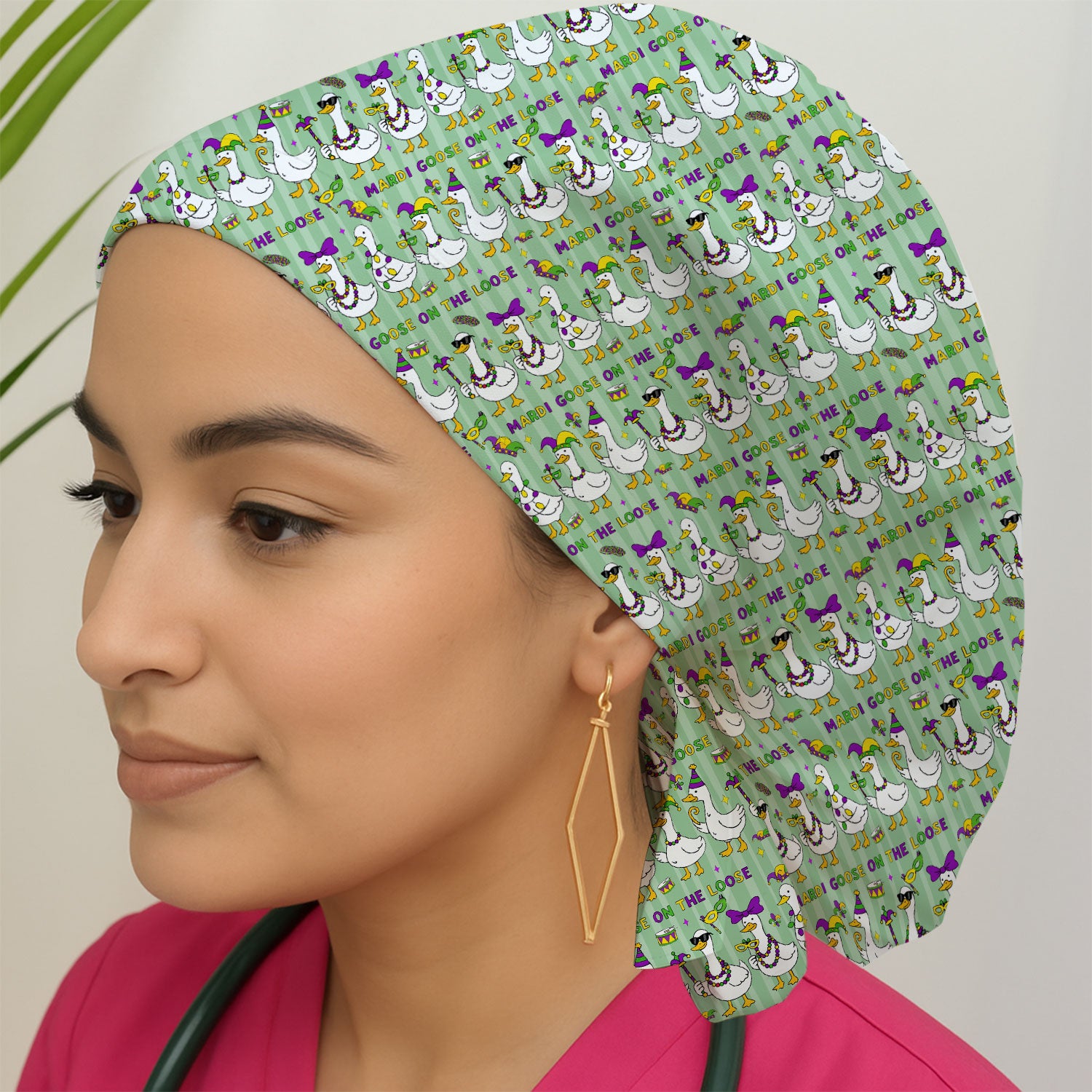 Mardi Gras Goose Nurse Scrub Cap, Funny Carnival Medical Pattern Nurse Hat, Breathable Fabrics Nursing Uniform