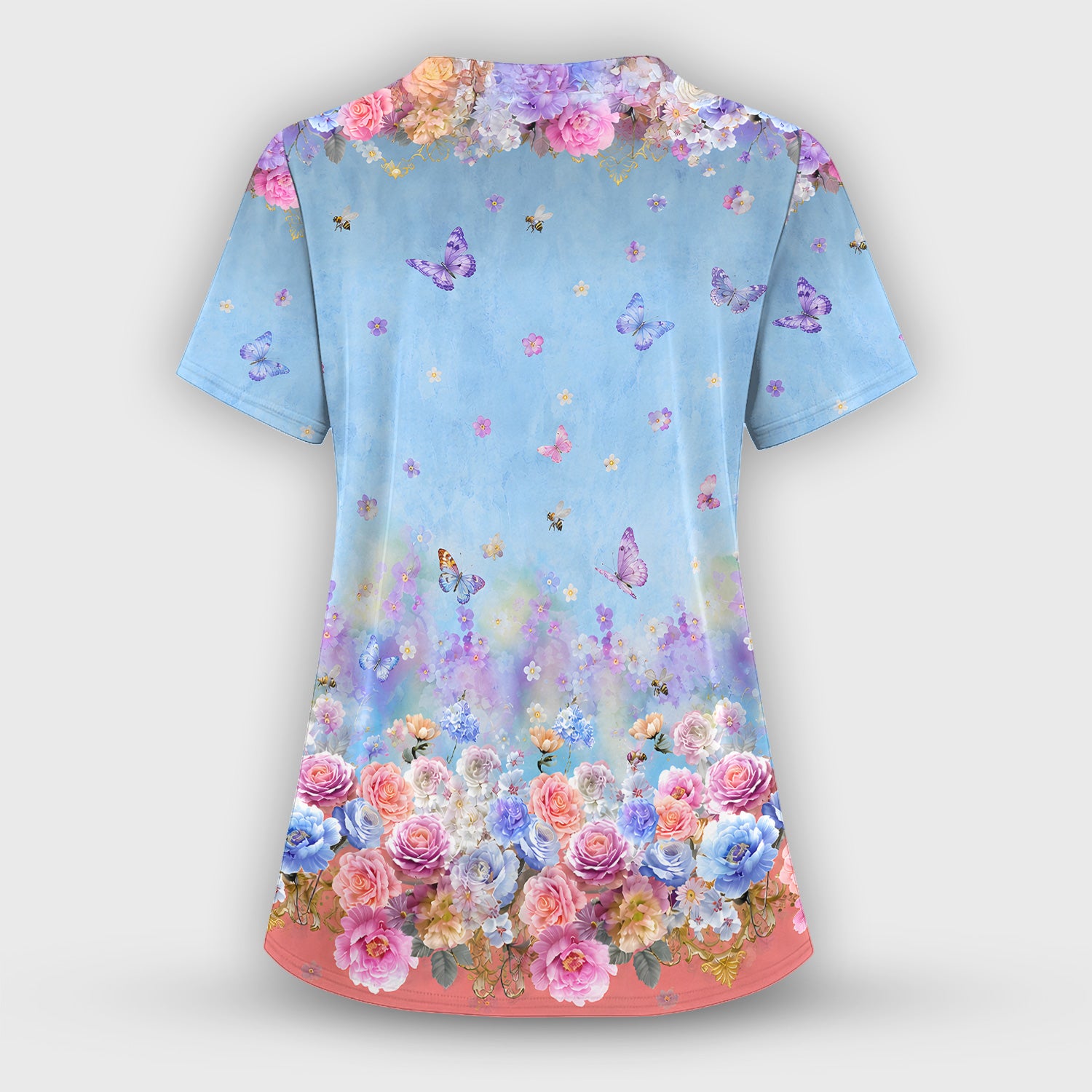 Pastel Flower Garden Print Scrub Top, Comfortable Scrubs for Nurses