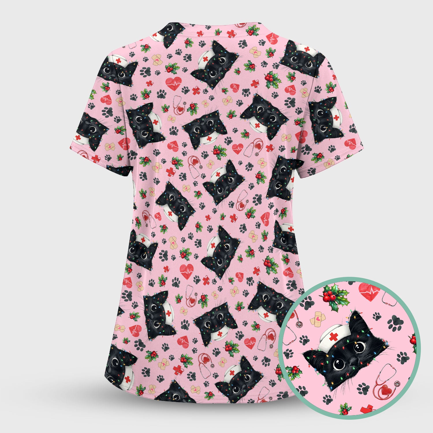 Black Cat Scrub Top for Nurse - Cute Kittens Christmas Medical Uniform - Funny Holiday Gift for Women