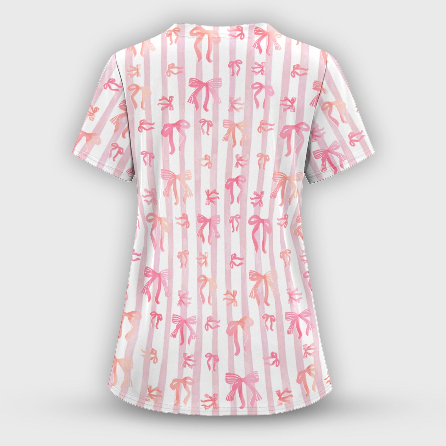 Pink Bow Stripe Pattern Print Scrub Top, Comfortable Scrubs for Nurses