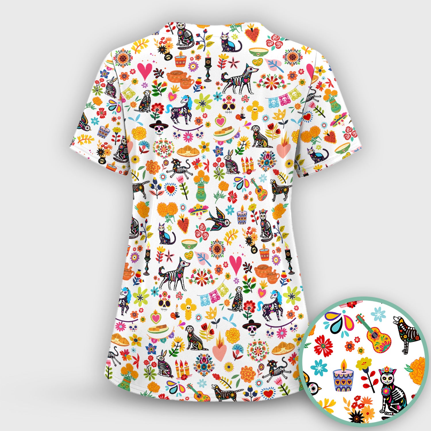 Day Of The Dead Sugar Skull Print Scrub Set, Scrub Pants and V Neck Top