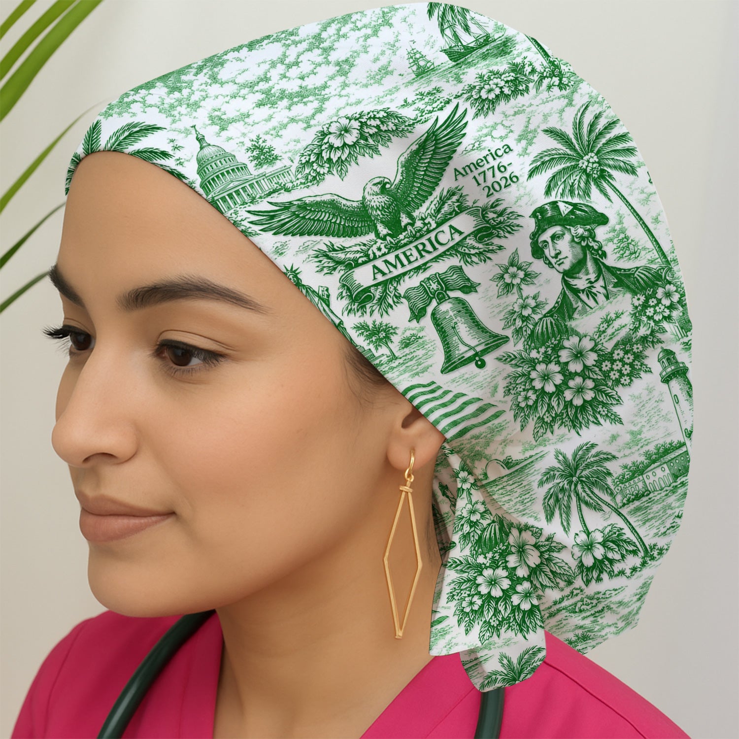 Patriotic America Heritage Toile Pattern Cap, Bouffant Scrub Caps for Women