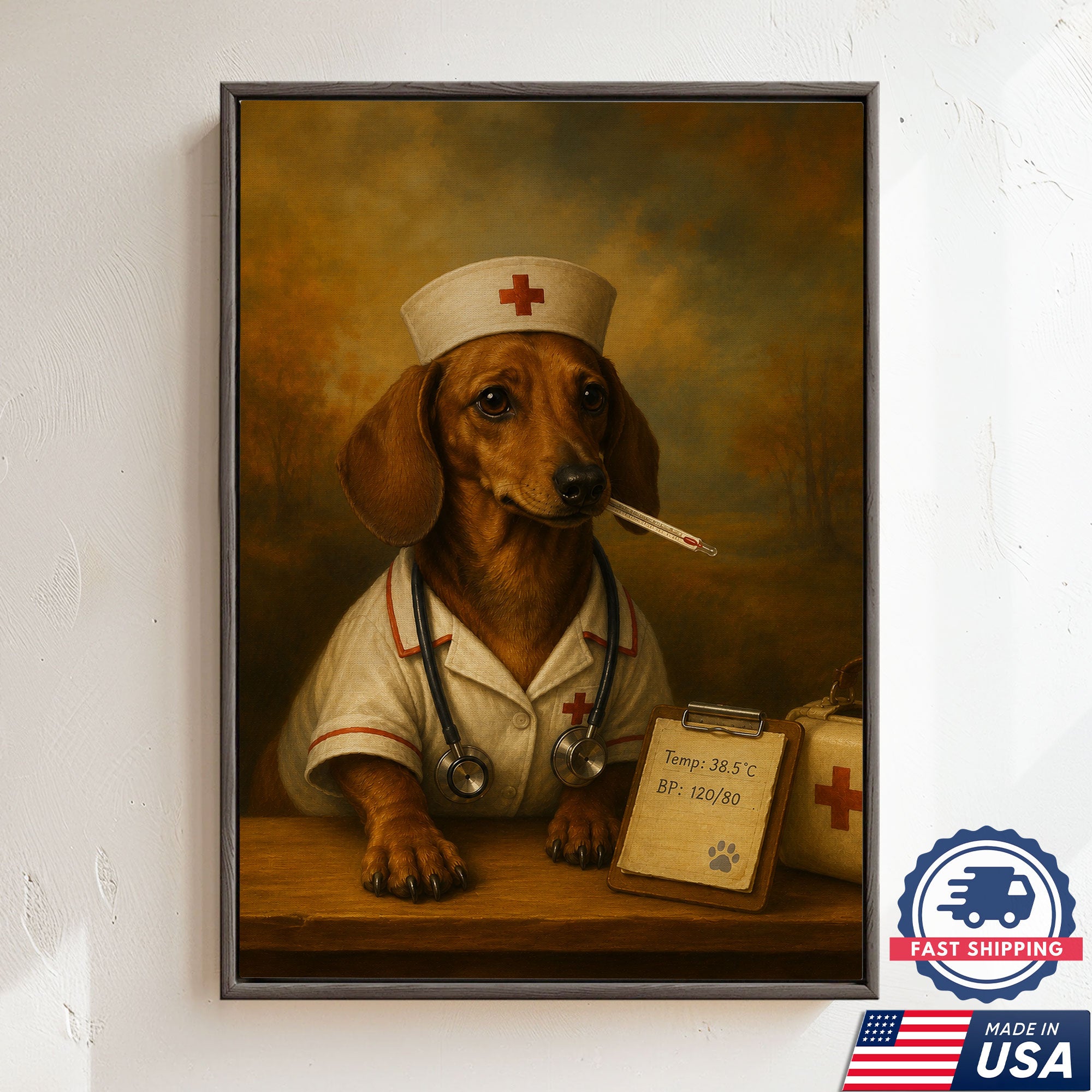 Vintage Nurse Dachshund Portrait Canvas Wall Art, Heartfelt Medical Dog Artwork