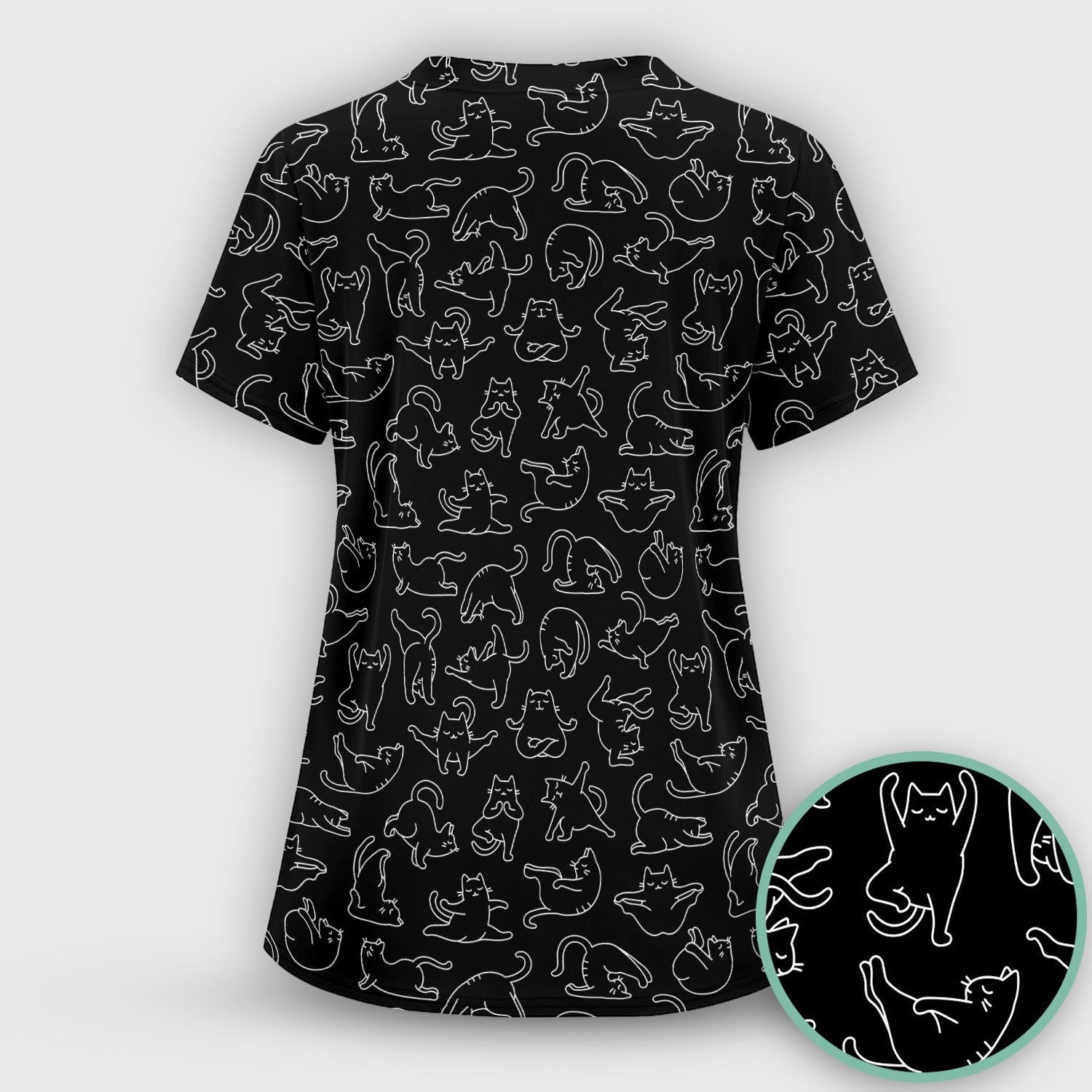 Cute Cat Outline Playing Pattern Scrub Top, Colorful Gothic Nurse Scrubs Uniform
