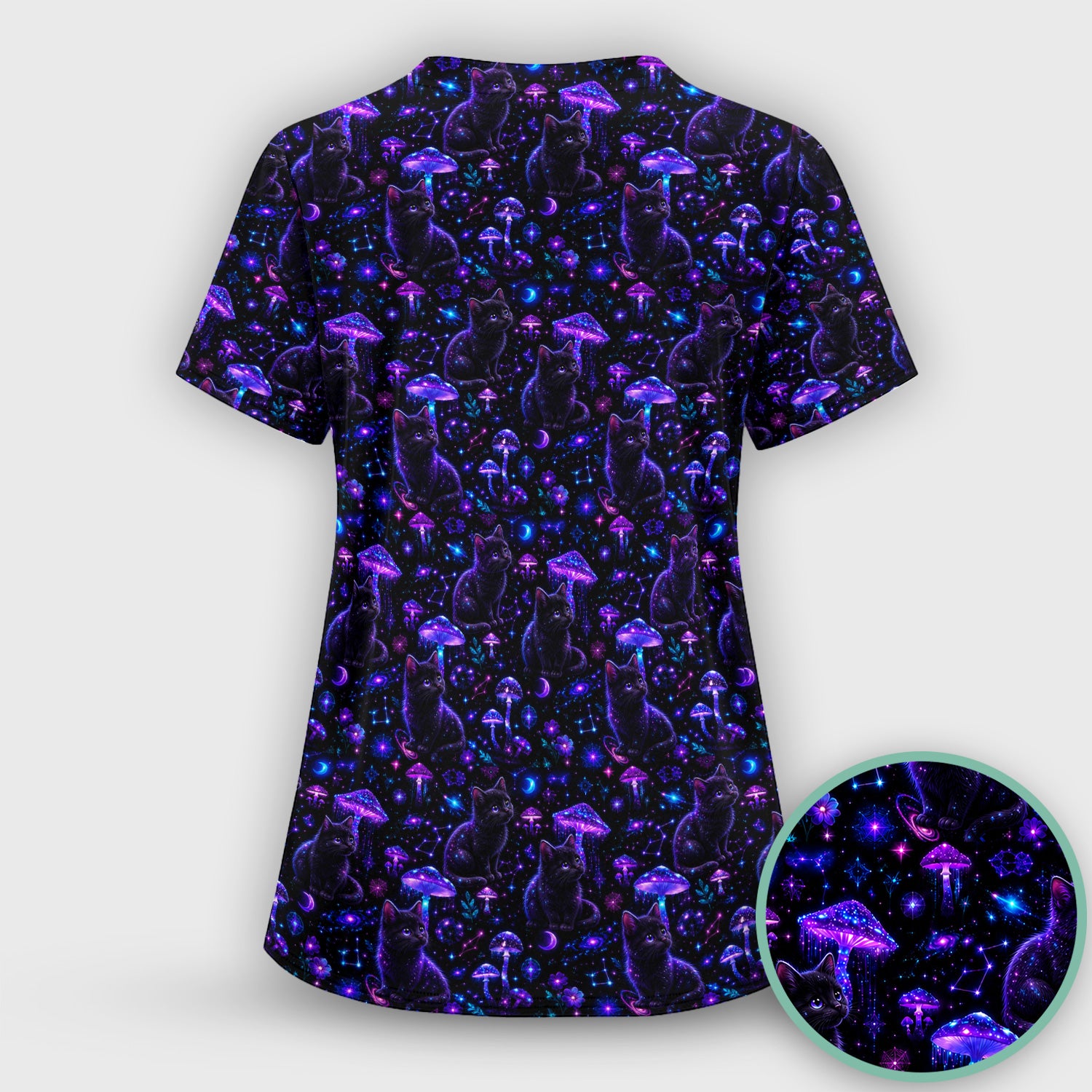 Mystical Black Cat Neon Mushroom Print Scrub Set, Scrub Pants and V Neck Top