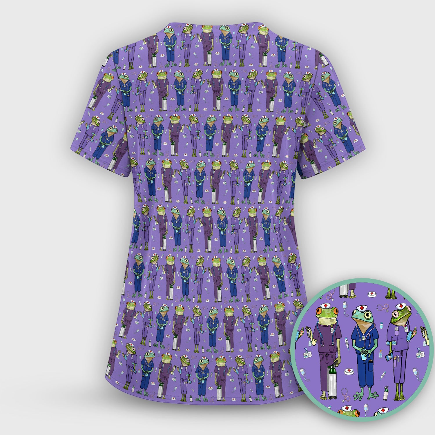 Funny Frog Nurse Pattern V Neck Scrub Top for Healthcare Workers