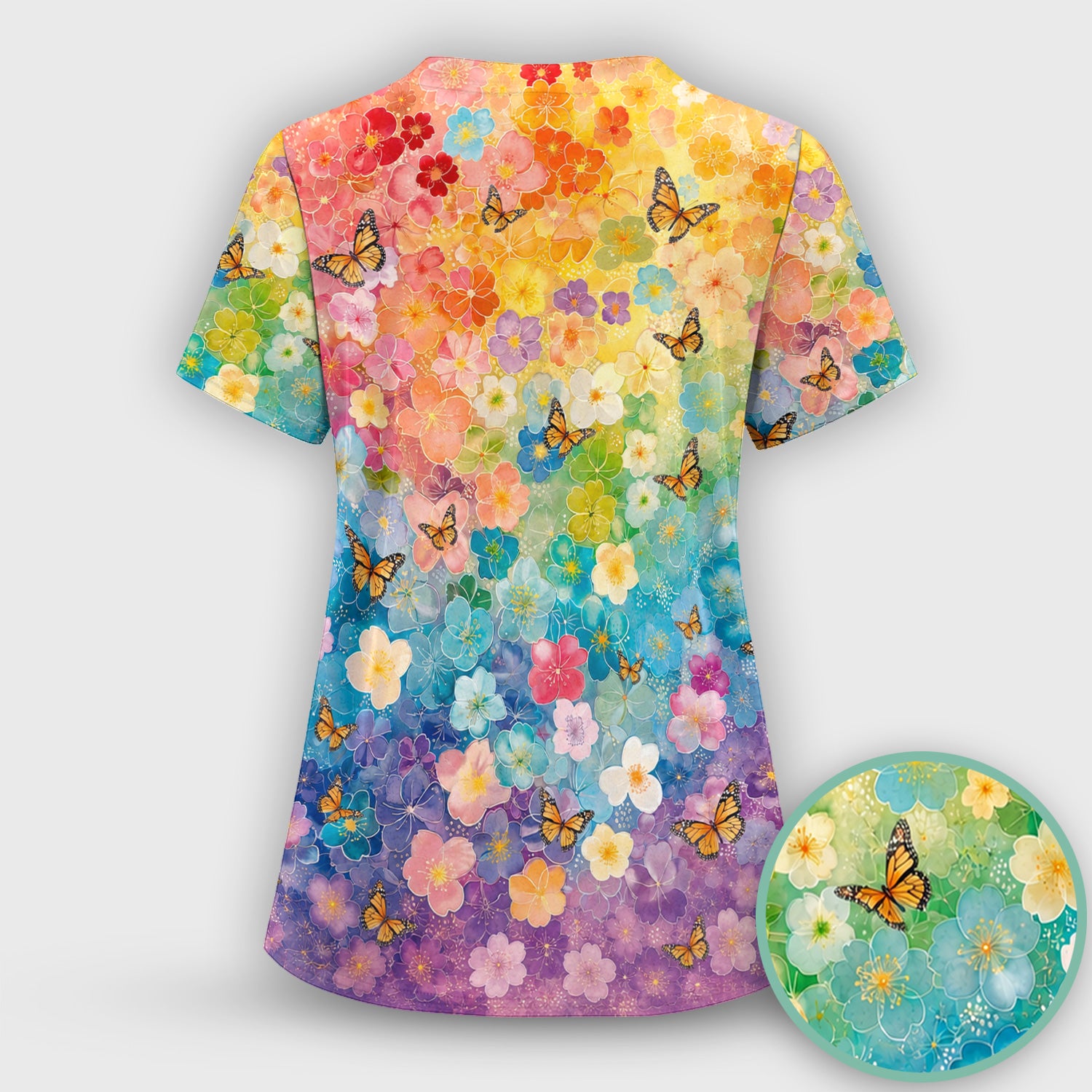 Rainbow Butterfly Floral Blossom Pattern Scrub Set, Scrub Pants and V Neck Top