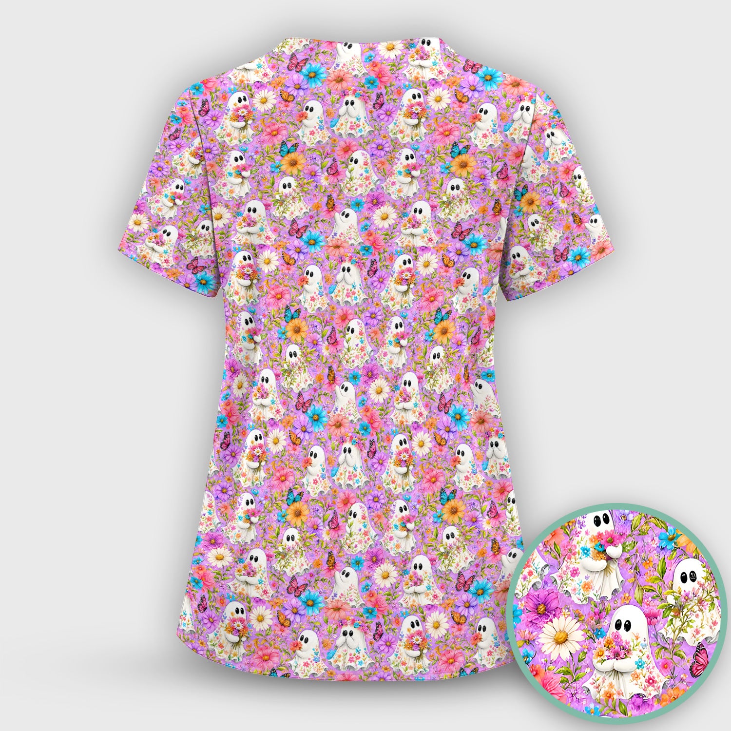 Cute Halloween Floral Ghosts And Butterflies Scrub Top, Comfortable Scrubs for Nurses