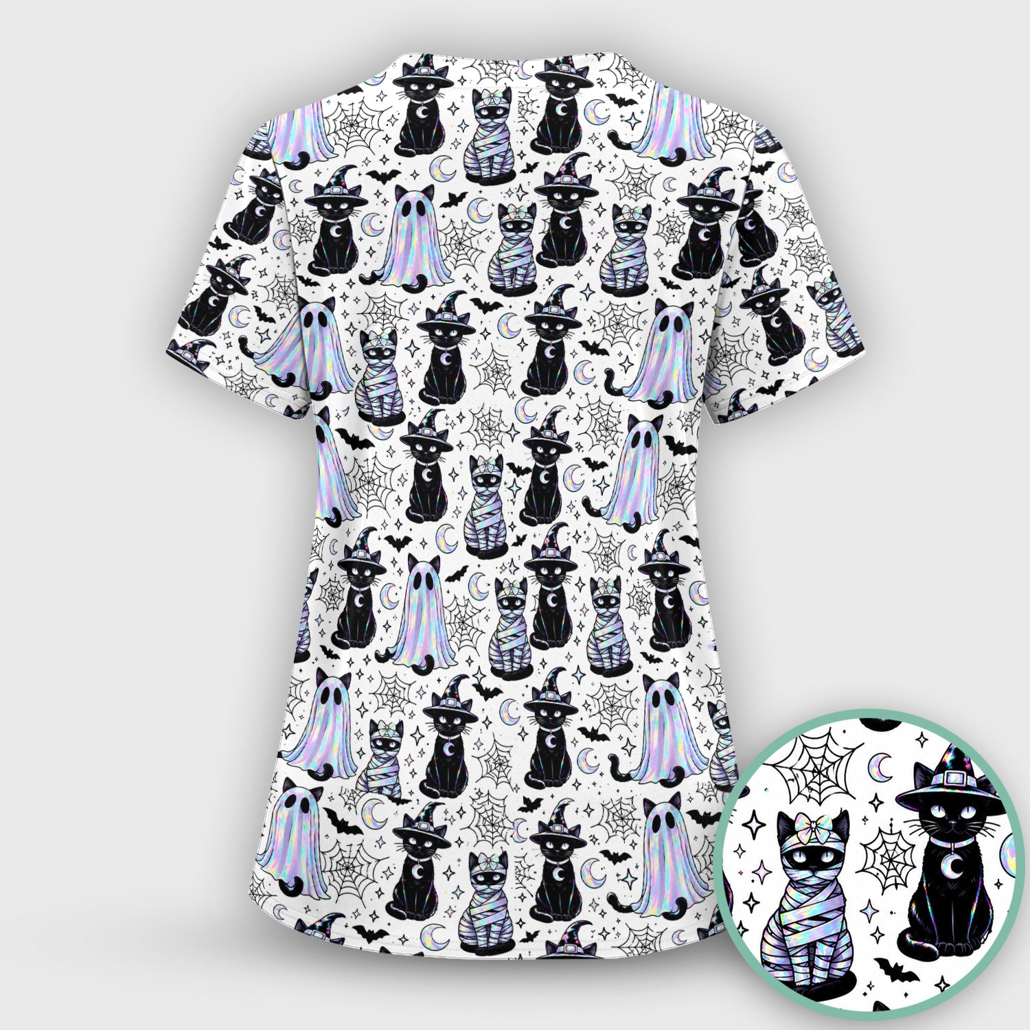 Ghost Witch Cat Pattern Scrub Top, Comfortable Scrubs for Nurses