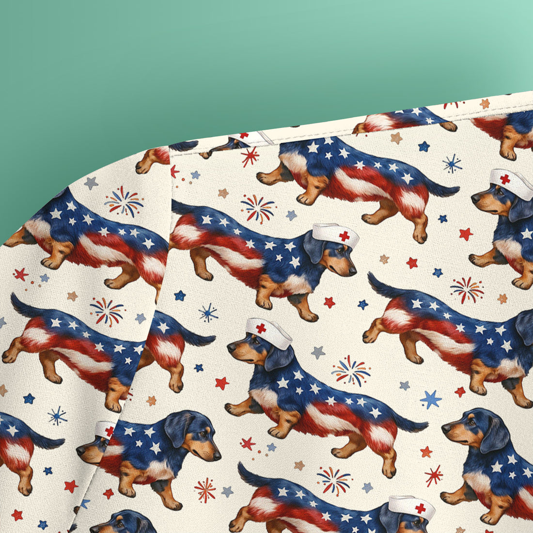 Patriotic Dachshund Dog American Flag Pattern Nurse Scrub Top, Breathable Fabrics Nursing Uniform