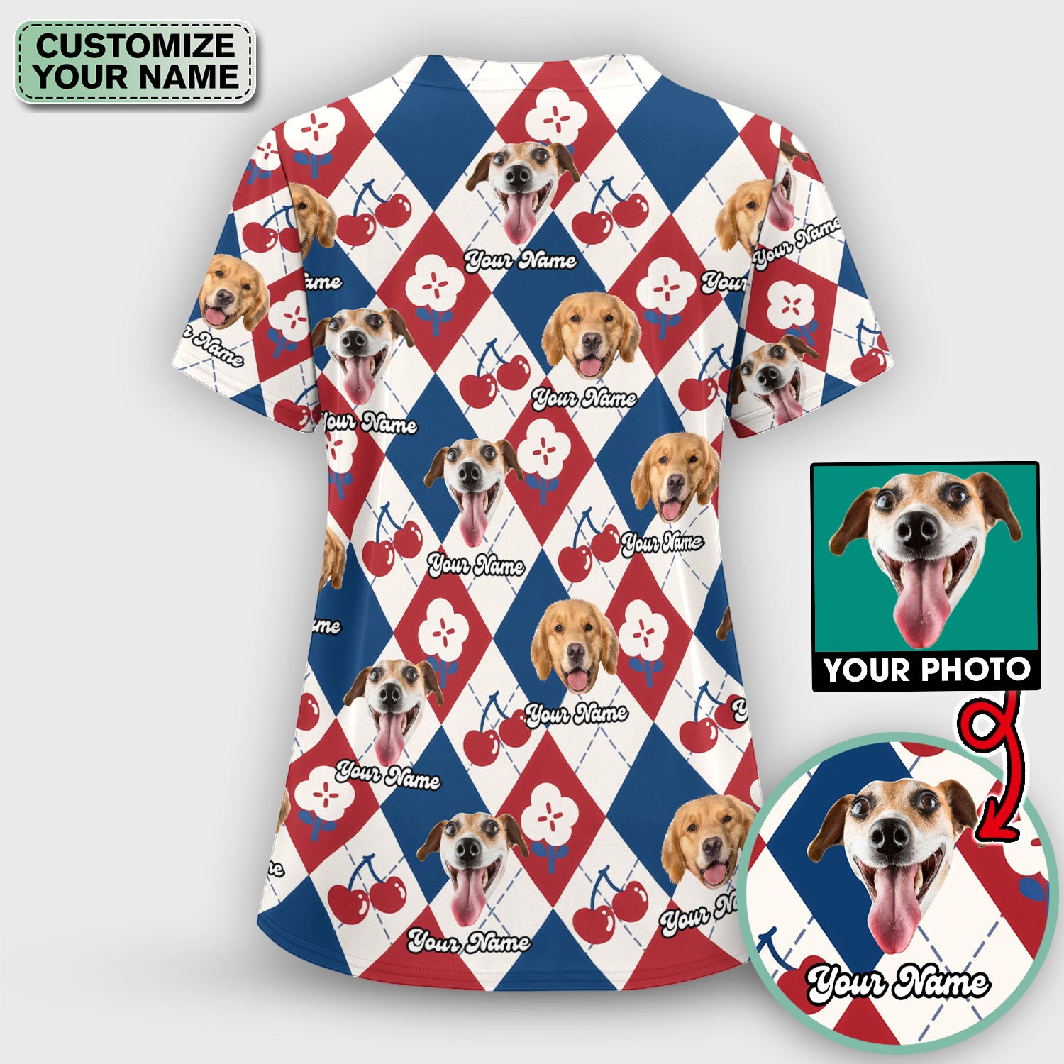 Custom Dog Face Scrub Set, Playful Dog Cherry Argyle Pattern Shirt, Breathable Fabrics Nursing Uniform