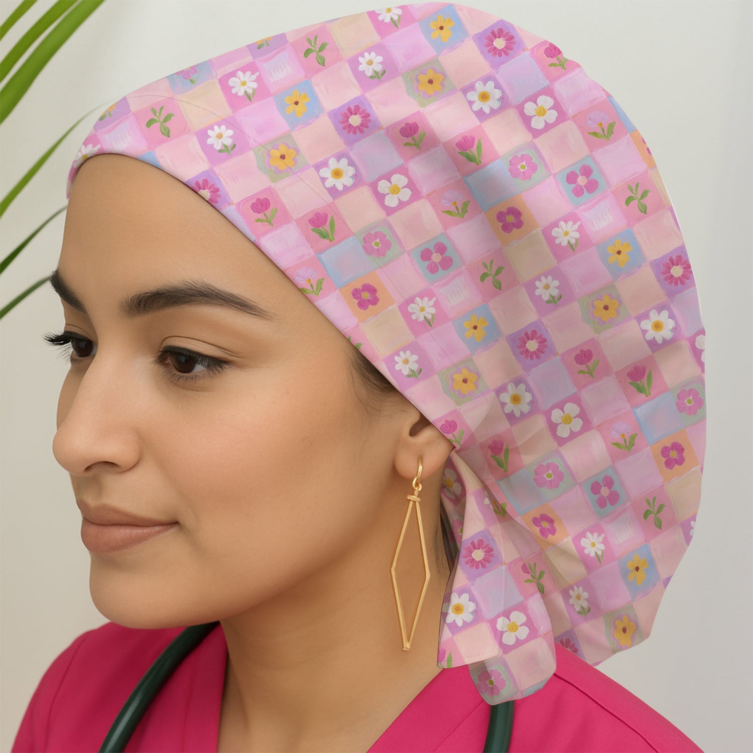 Lovely Pastel Floral Patchwork Pattern Scrub Cap, Breathable Fabrics Caps Uniform