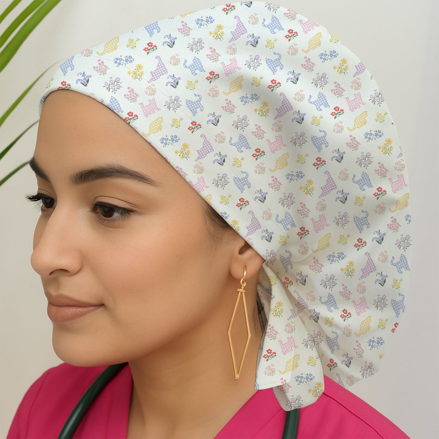 Pastel Cat Floral Nurse Scrub Cap, Cute Cat Medical Pattern Hat, Breathable Fabrics Nursing Uniform