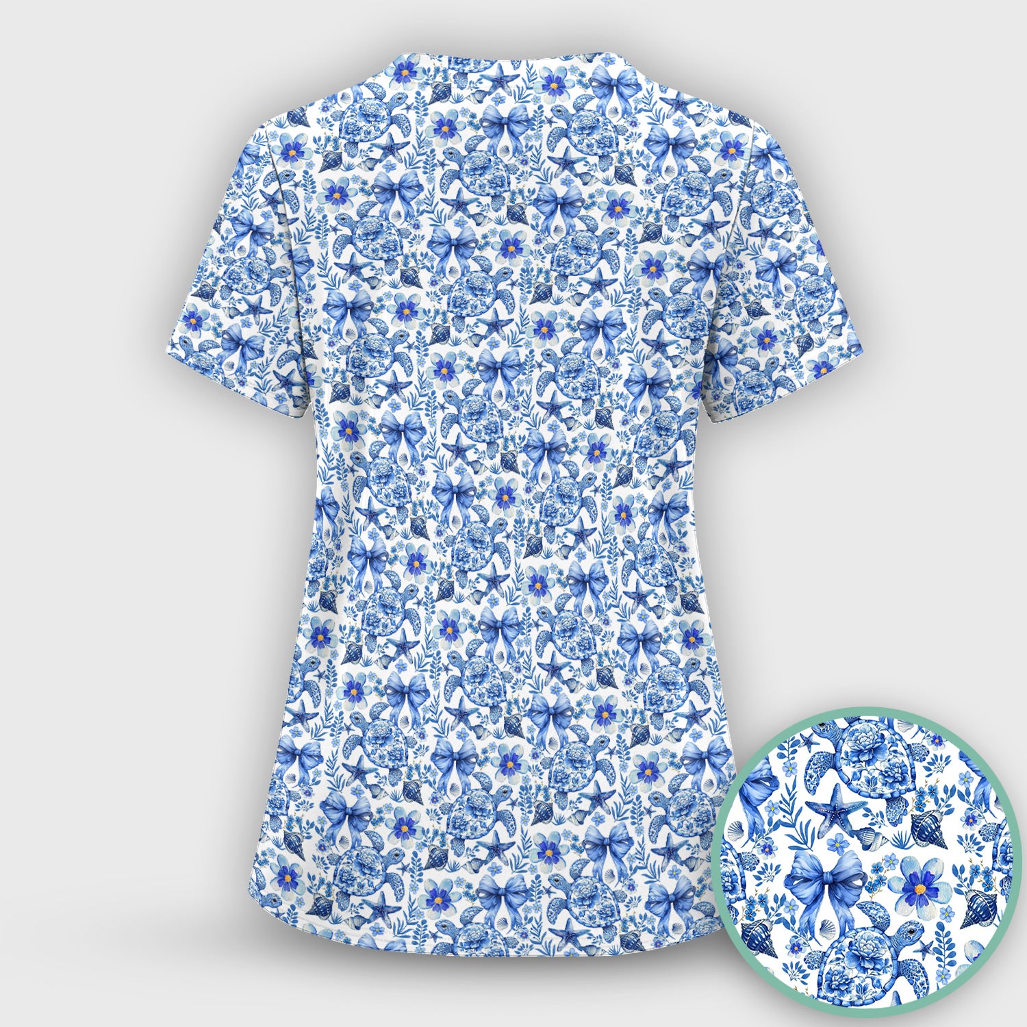 Cute Coastal Turtle Bow Pattern Scrub Top, Comfortable Scrubs for Nurses