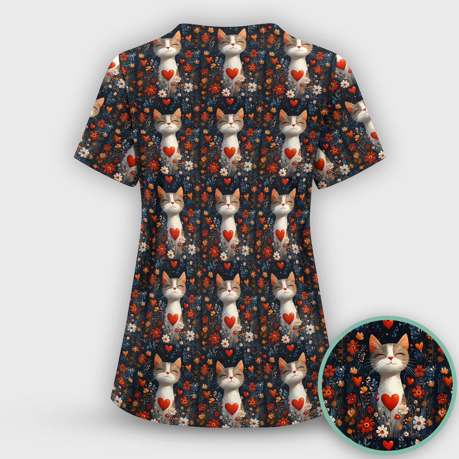 Cat Heart Floral Garden Pattern Scrub Top, Breathable Fabrics Nursing Uniform