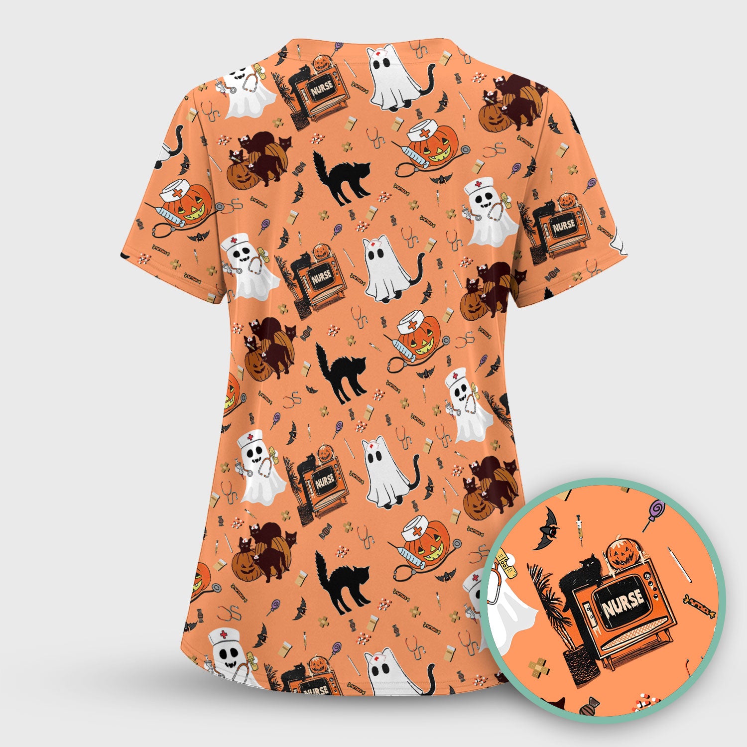 Halloween Scrub Top for Nurse - Cute Pumpkin Ghost Cat Medical Shirt - Spooky Scrubs for Women RN CNA LPN