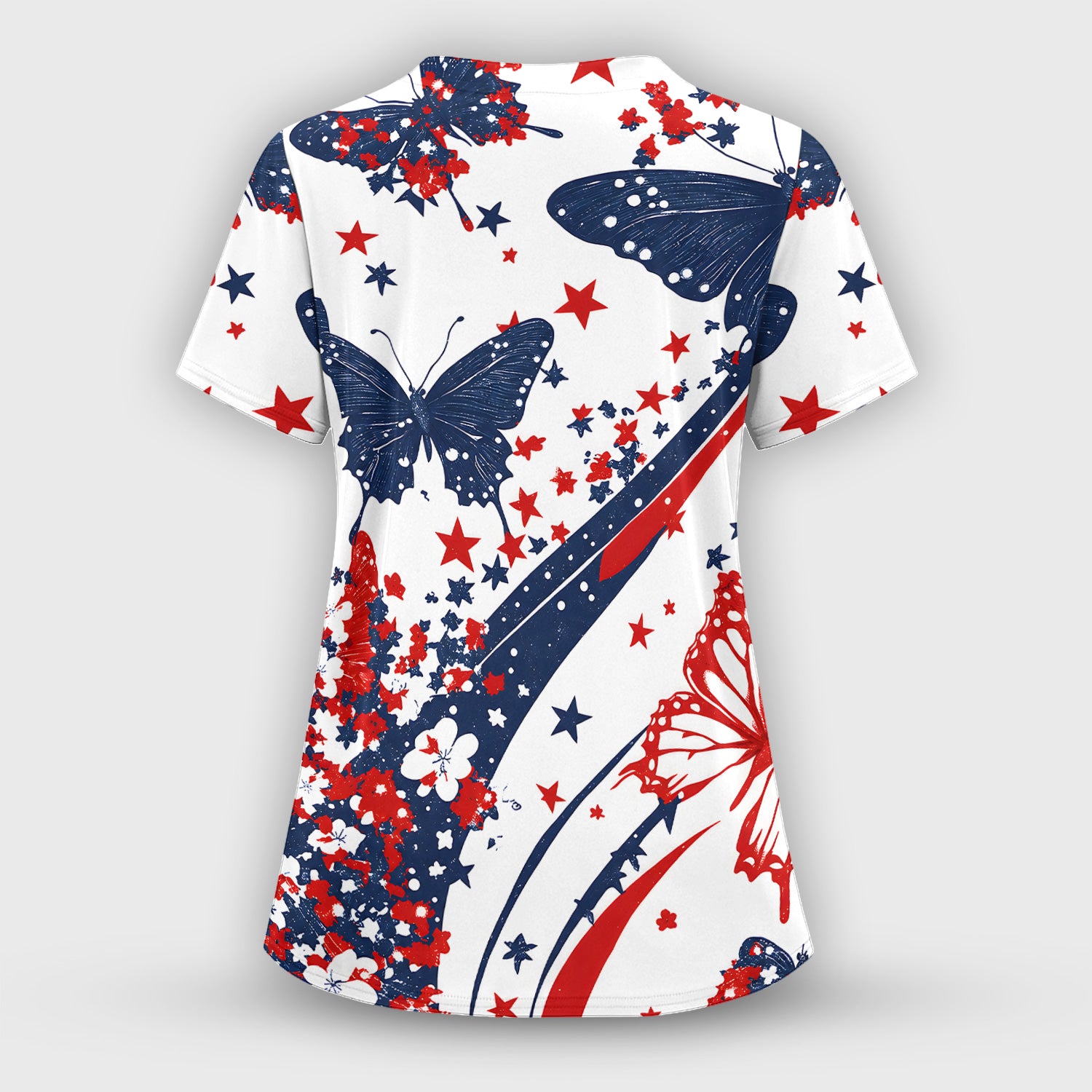 Patriotic Butterfly with Red White Blue Stars Scrub Top, Comfortable Scrubs for Nurses