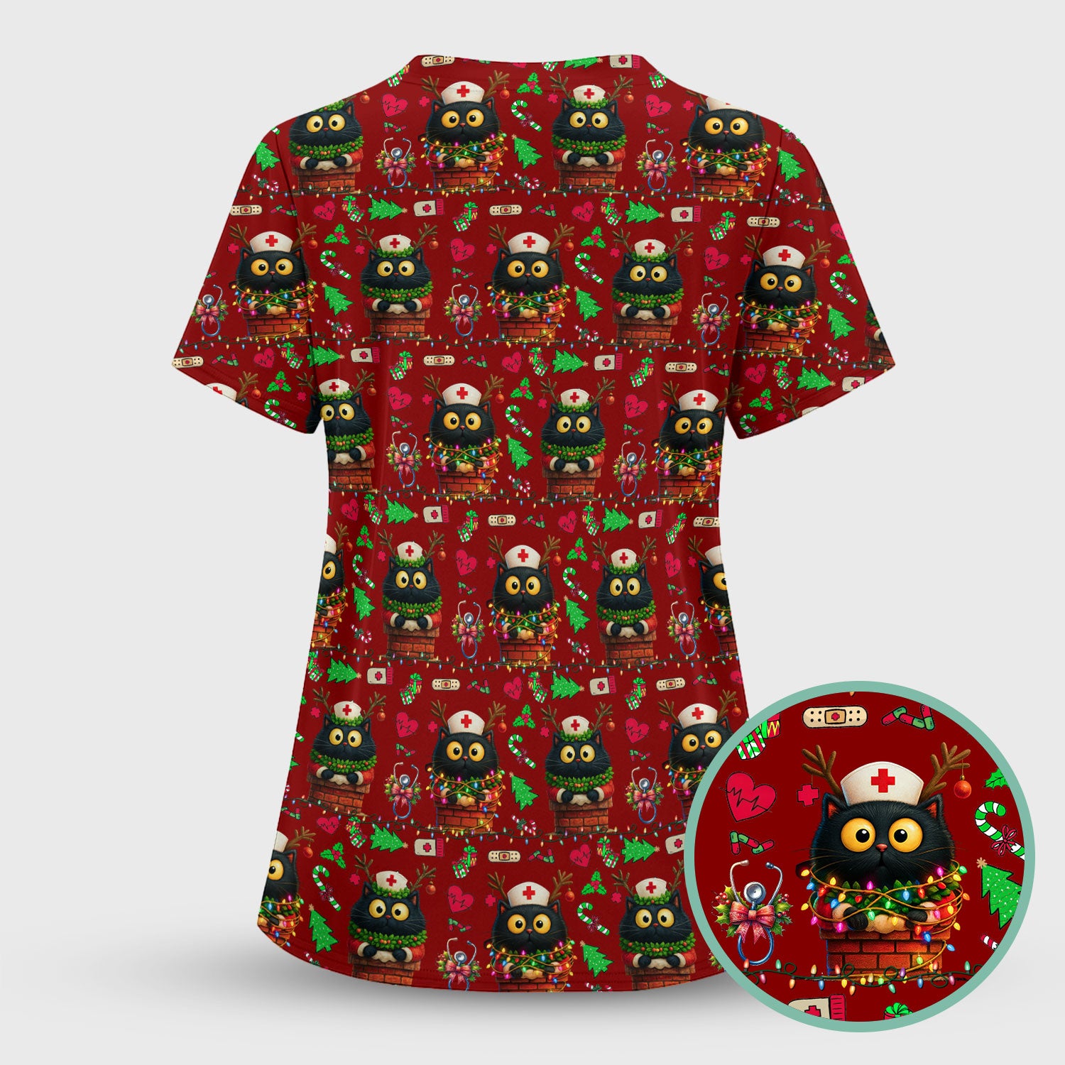 Christmas Black Cat Scrub Top for Nurse - Cute Reindeer Cat with Xmas Lights - Festive Holiday Medical Uniform for Women