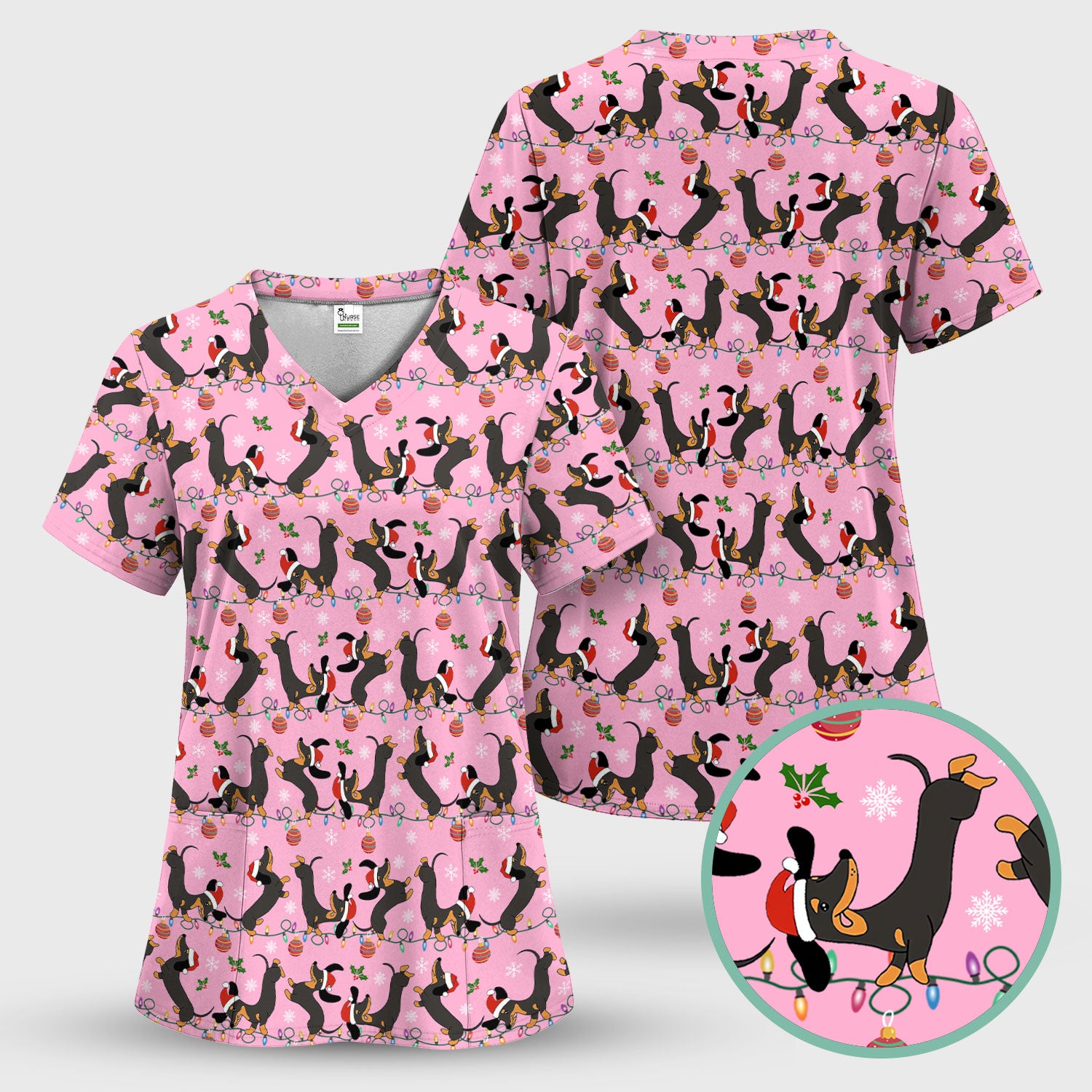 Christmas Dachshund Scrub Top - Cute Wiener Dog Holiday Nurse Shirt for Women - Festive Medical Uniform for RN CNA LPN