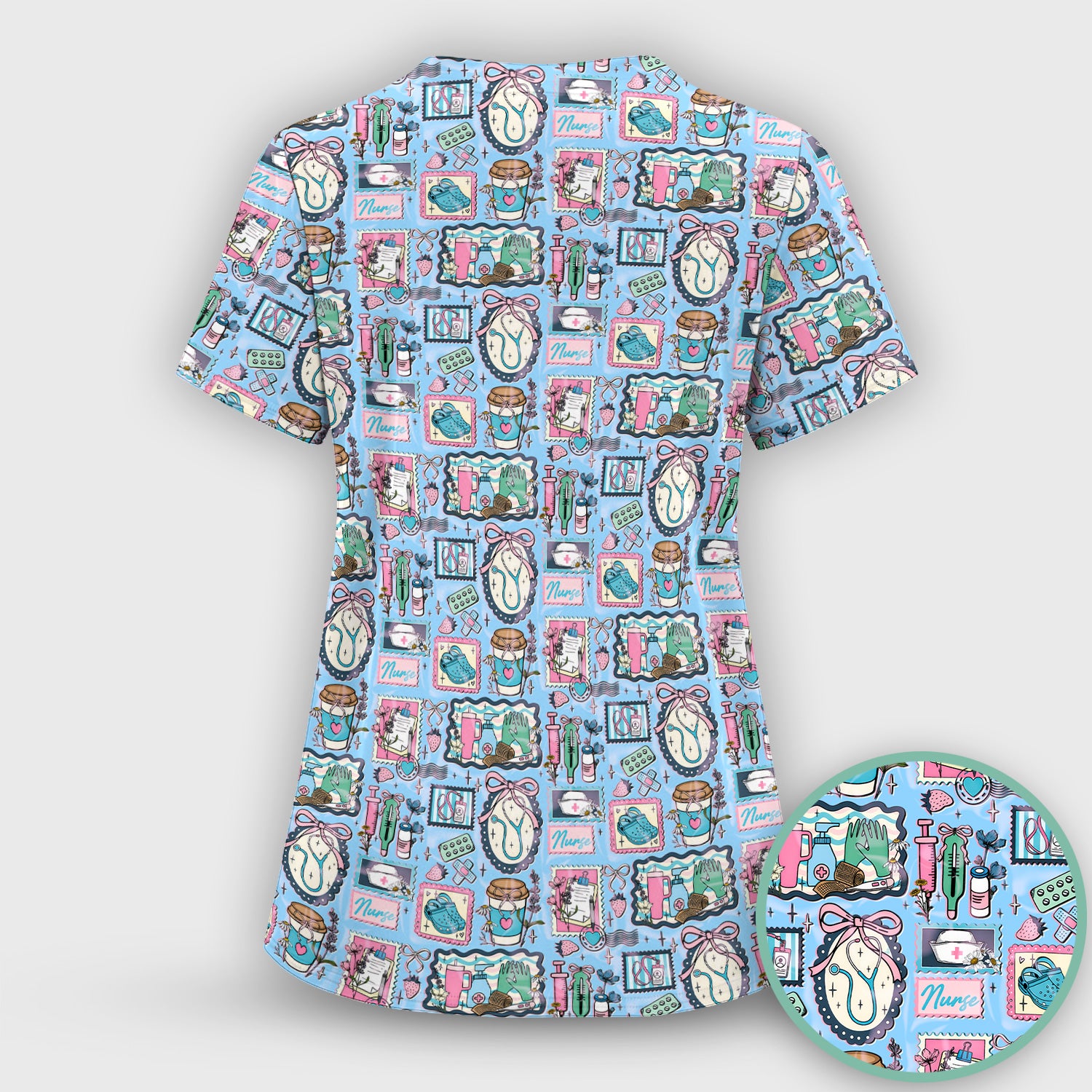 Medical Tools Stethoscope Syringe Frame Scrub Top, Breathable Fabrics Nursing Uniform