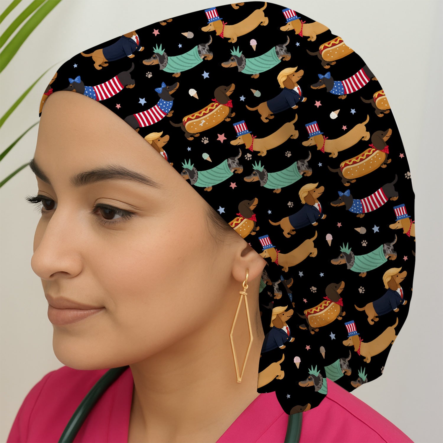 Funny Patriotic Dachshund Costume Dogs Pattern Cap, Bouffant Scrub Caps for Women