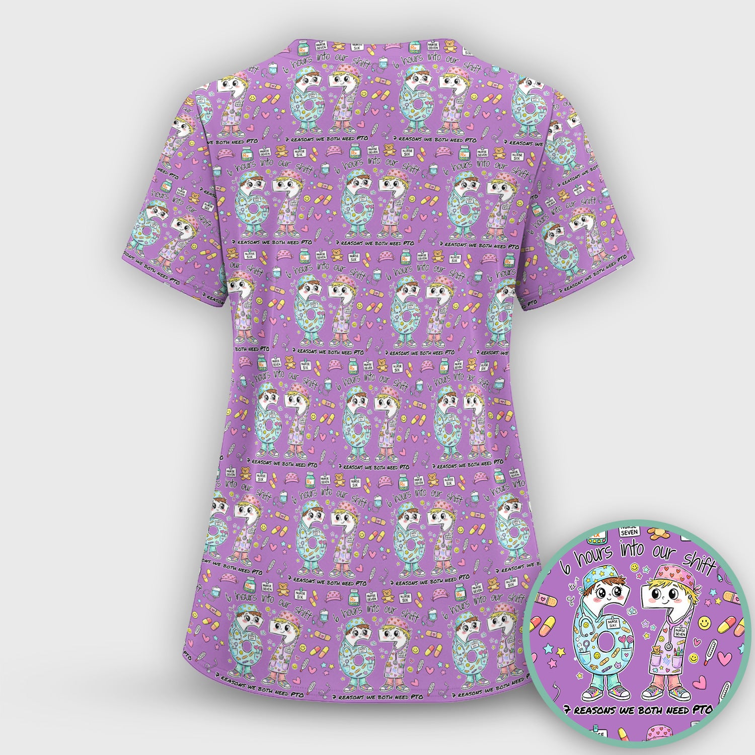Cartoon Characters Six Hours Into Shift With Medical Doodle Scrub Set, Breathable Med Uniform
