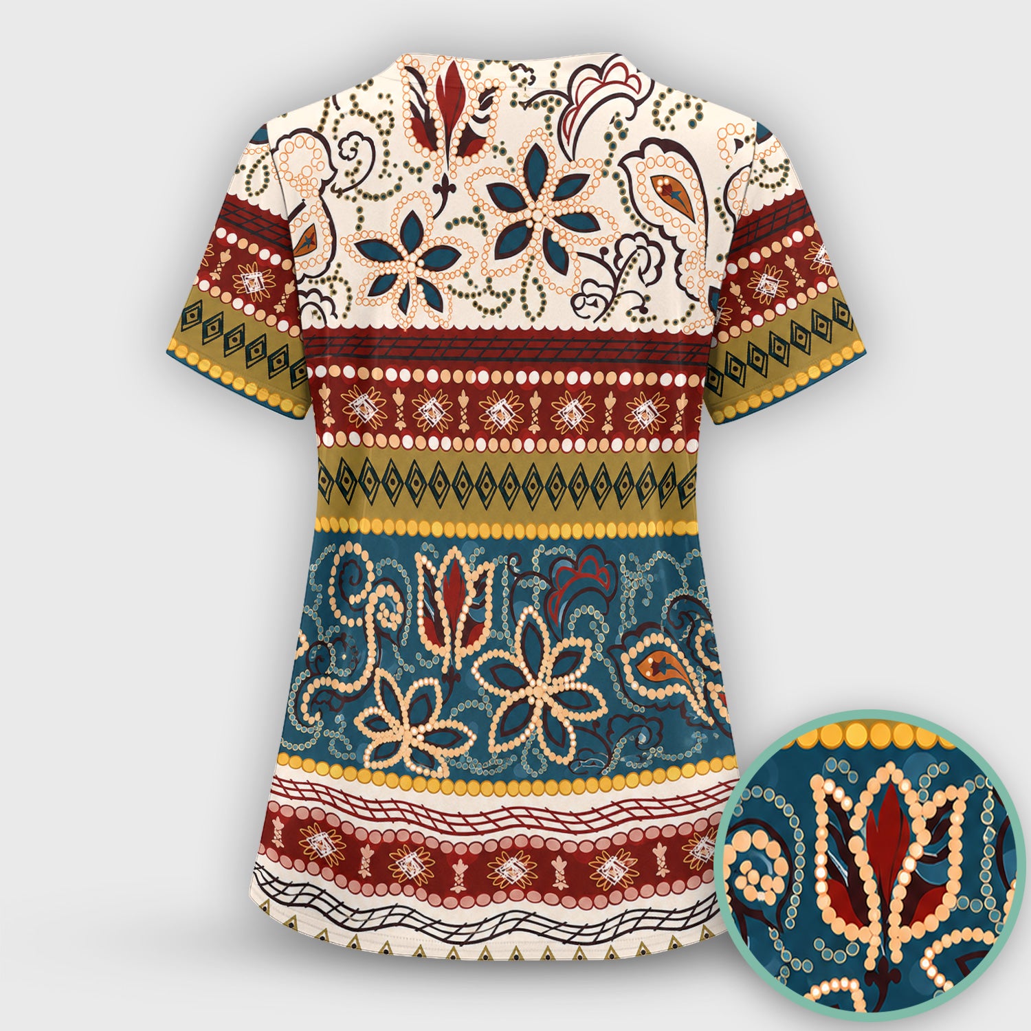 Boho Paisley Floral Stripe Pattern Scrub Top, Comfortable Scrubs for Nurses