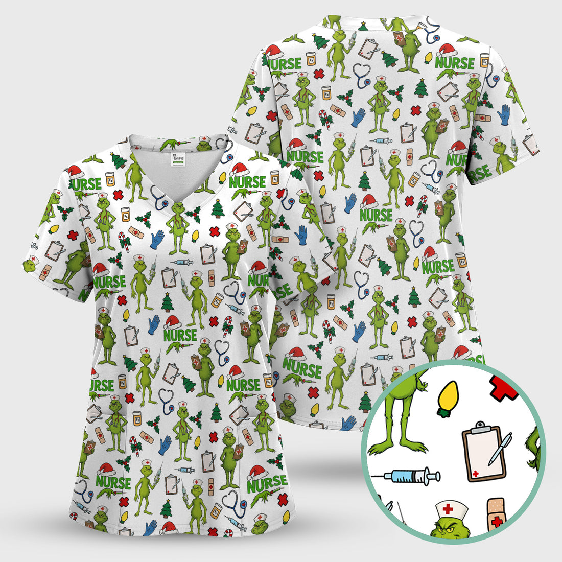 Christmas Grinch Scrub Top - Funny Nurse Medical Uniform Shirt - Multiple Color Options CNA RN LPN Gift