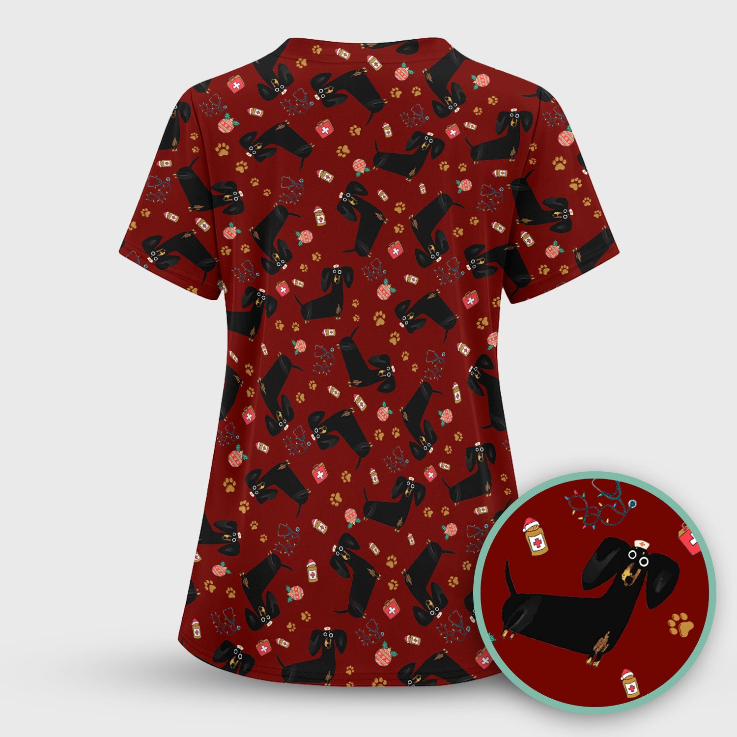 Funny Wiener Dog Scrub Top for Nurses - Cute Black Dachshund Medical Shirt - Dog Lover Nursing Uniform Gift for Women