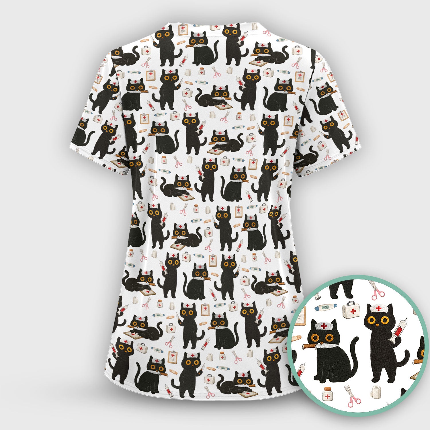 Cute Black Cat Nurse Pattern Women's Scrub Set, Breathable Med Uniform