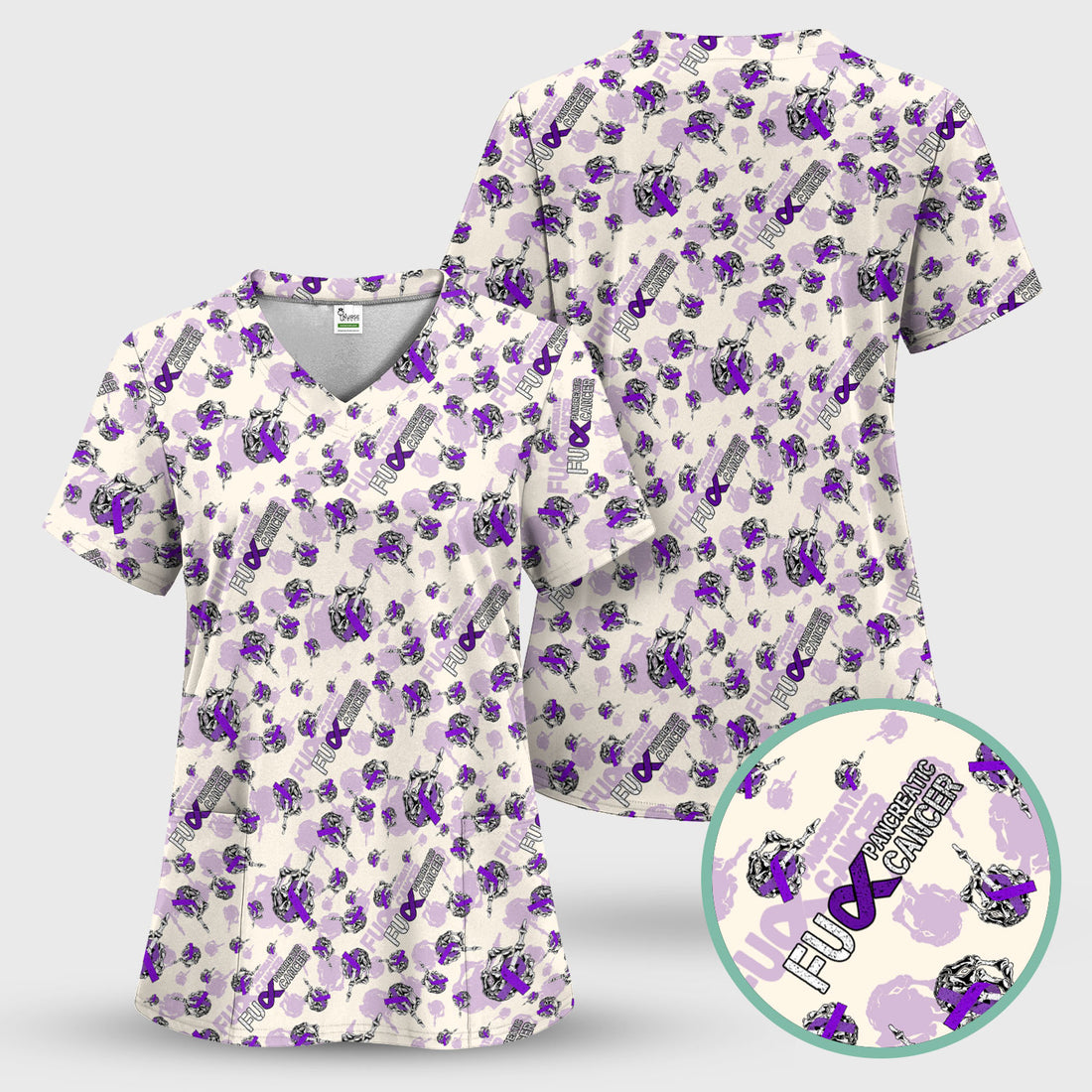 Pancreatic Cancer Awareness Scrub Top - Fuck Cancer Purple Ribbon Nurse Shirt - Strong Gift Idea for Survivors, Fighters & Supporters