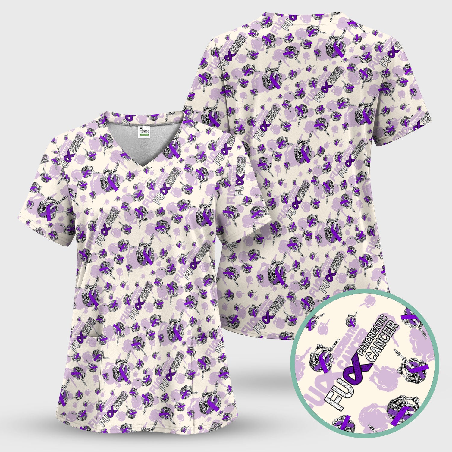 Pancreatic Cancer Awareness Scrub Top - Fuck Cancer Purple Ribbon Nurse Shirt - Strong Gift Idea for Survivors, Fighters & Supporters