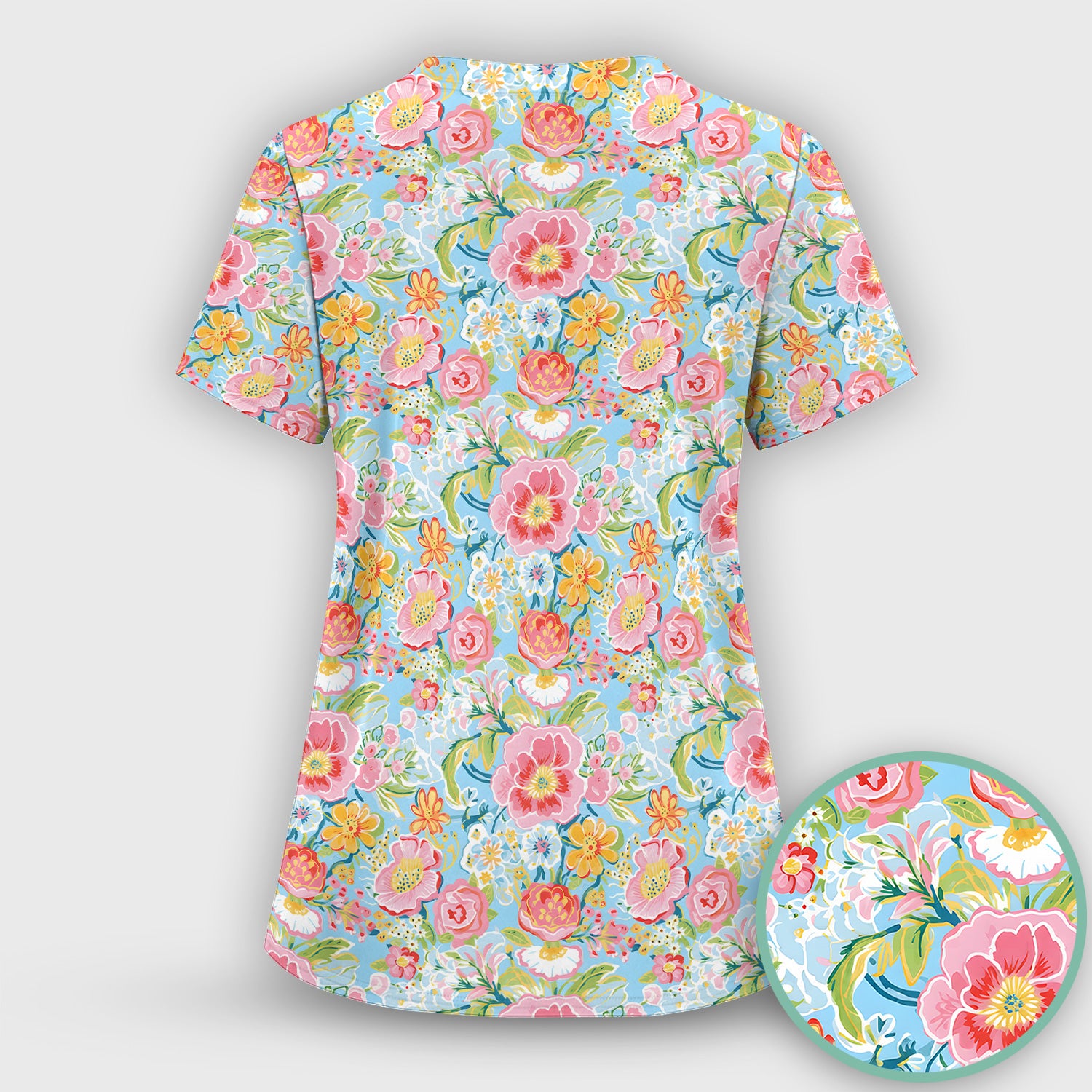 Pastel Tropical Floral Garden Pattern Scrub Top, Comfortable Scrubs for Nurses