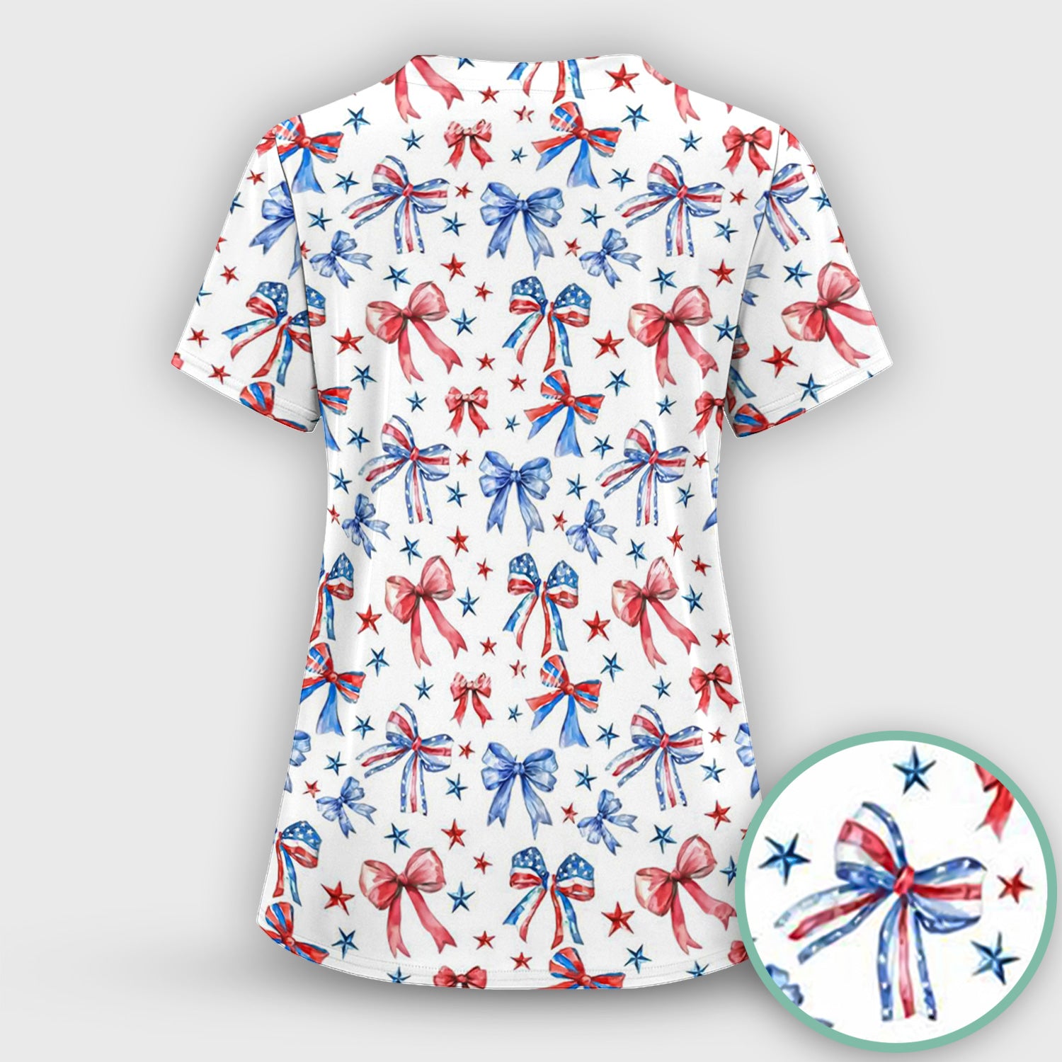 Festive Patriotic Ribbon Bow Star Pattern Scrub Set, Scrub Pants and V Neck Top