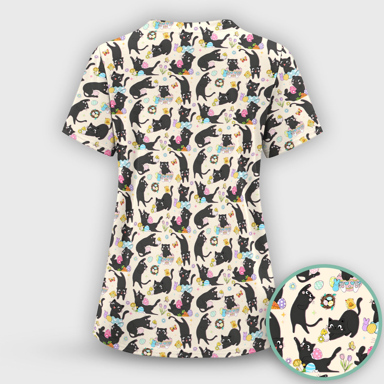 Playful Black Cat Easter Egg Pattern Scrub Top, Comfortable Scrubs for Nurses