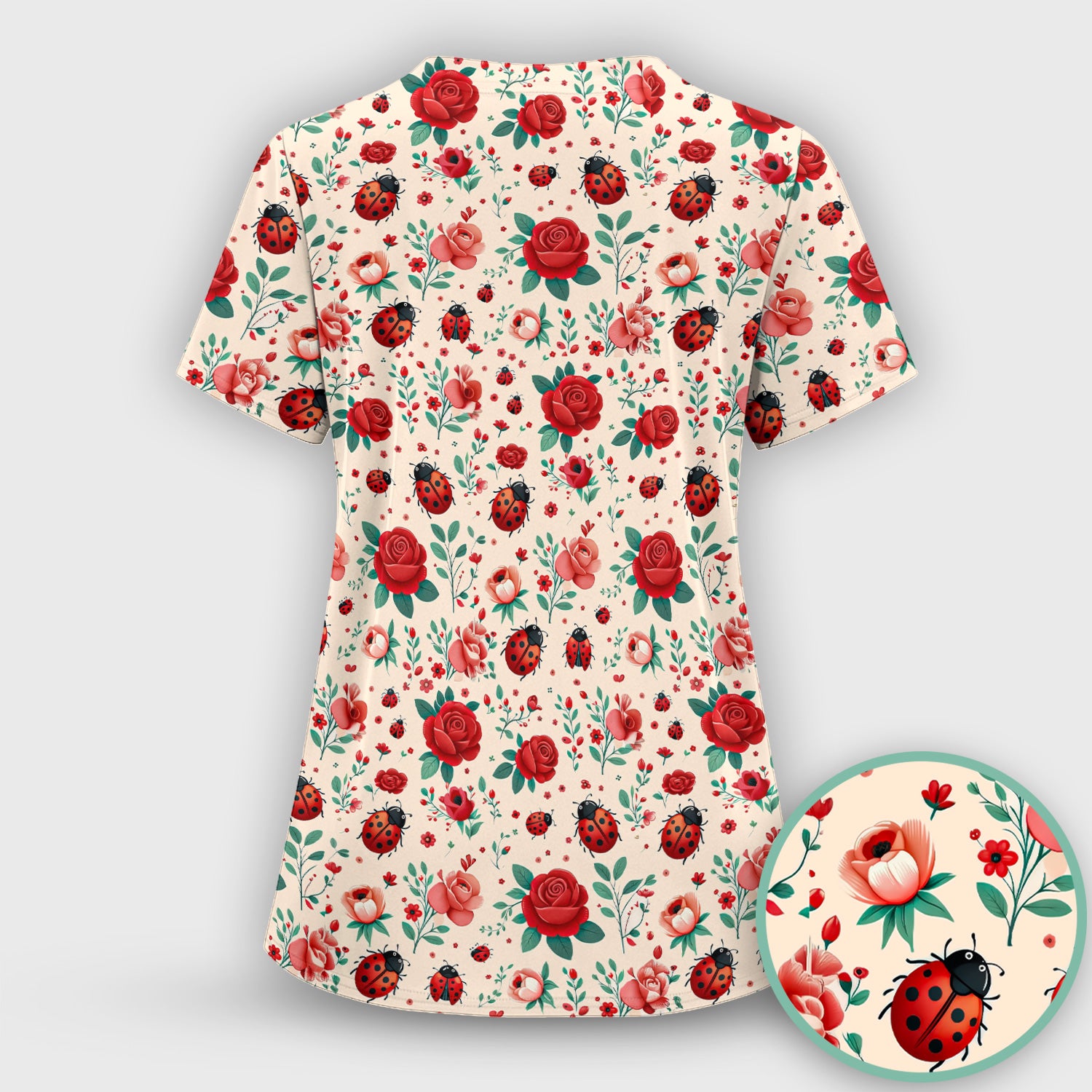 Cute Ladybug Red Rose Floral Pattern Scrub Top, Breathable Fabrics Nursing Uniform